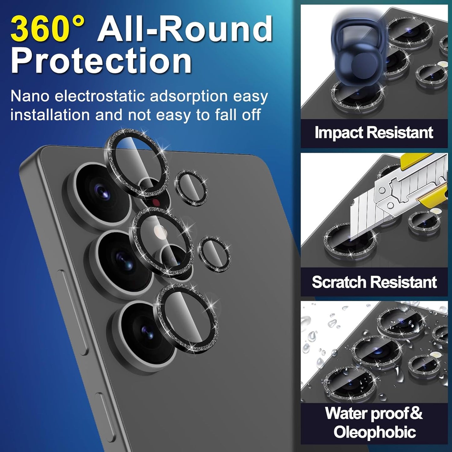 for Samsung Galaxy S25 Ultra Camera Lens Protector, Individual Metal Ring Tempered Glass Lens Cover, [Strong Adsorption] Scratch Resistant Ultra-Thin HD Clear Lens Cover, 1 Set-Black Sparkly