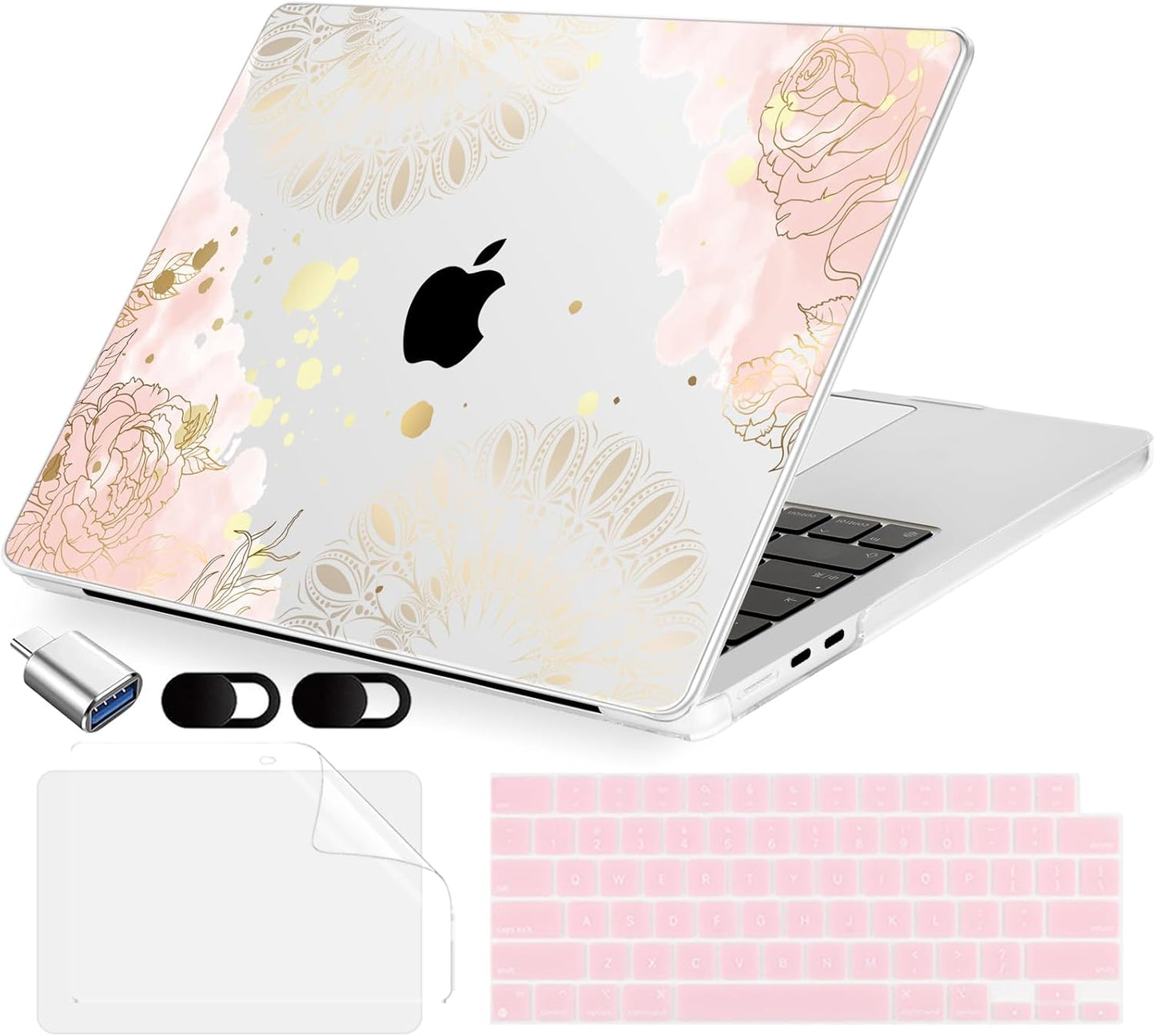 Compatible with MacBook Air 15 inch Case, M4 A3241/M3 A3114/M2 A2941 (Released 2025 to 2023), Hard Shell, Keyboard Cover, Screen Protector, Webcam Cover & Type-C Adapter, Vector Flower2