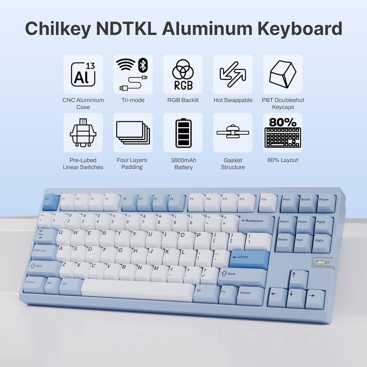 Chilkey ND TKL Aluminum Mechanical Keyboard, 87 Keys Tenkeyless Wireless Gaming Keyboard, Tri-Mode BT5.3/2.4GHz/USB-C PBT Keycaps Hot Swappable Custom Key Board for Windows Laptop Office PC