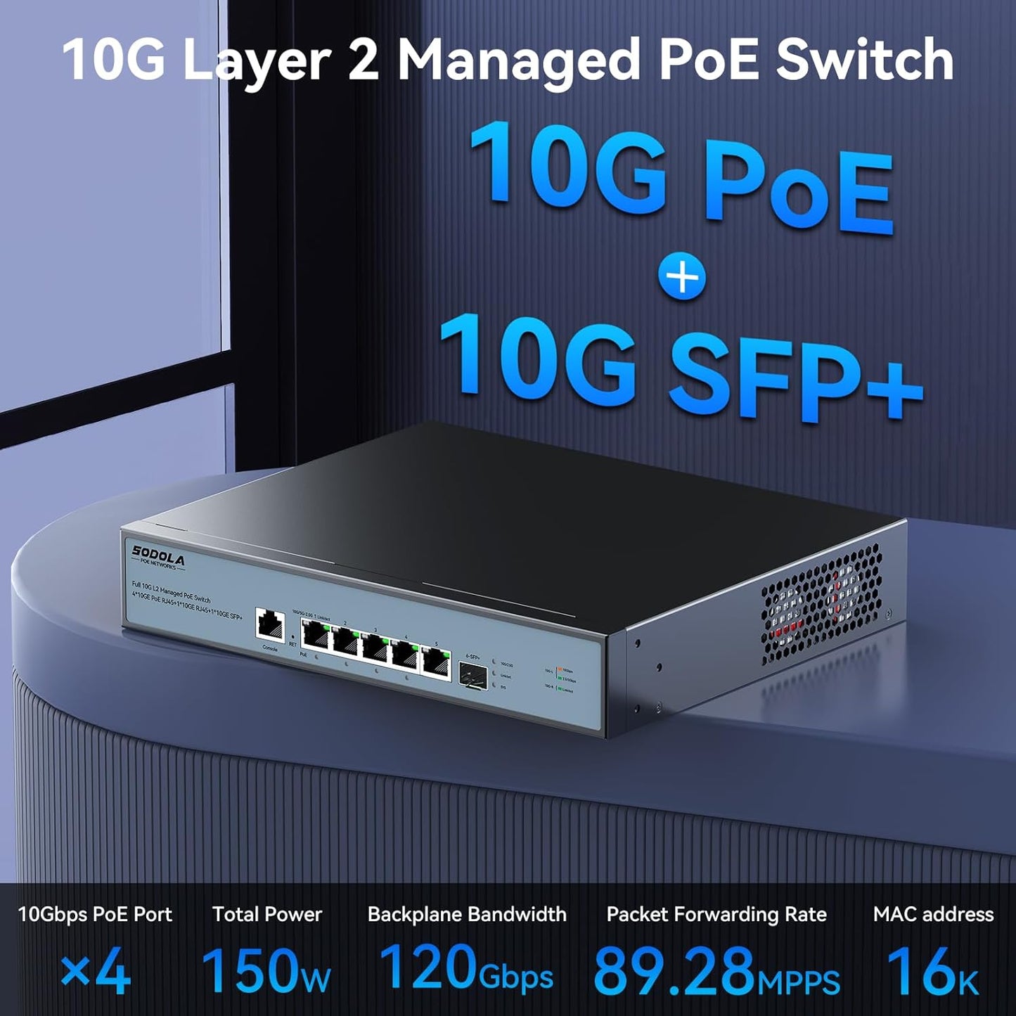 SODOLA 10Gb L2 Managed Switch, 5 x 10G RJ-45 Ports,1 x 10G SFP+ Port,Support LACP, VLAN, QoS, 10G/5G/2.5G/1000M/100M Auto-Negotiation, Multi-Gigabit Managed Ethernet Switch