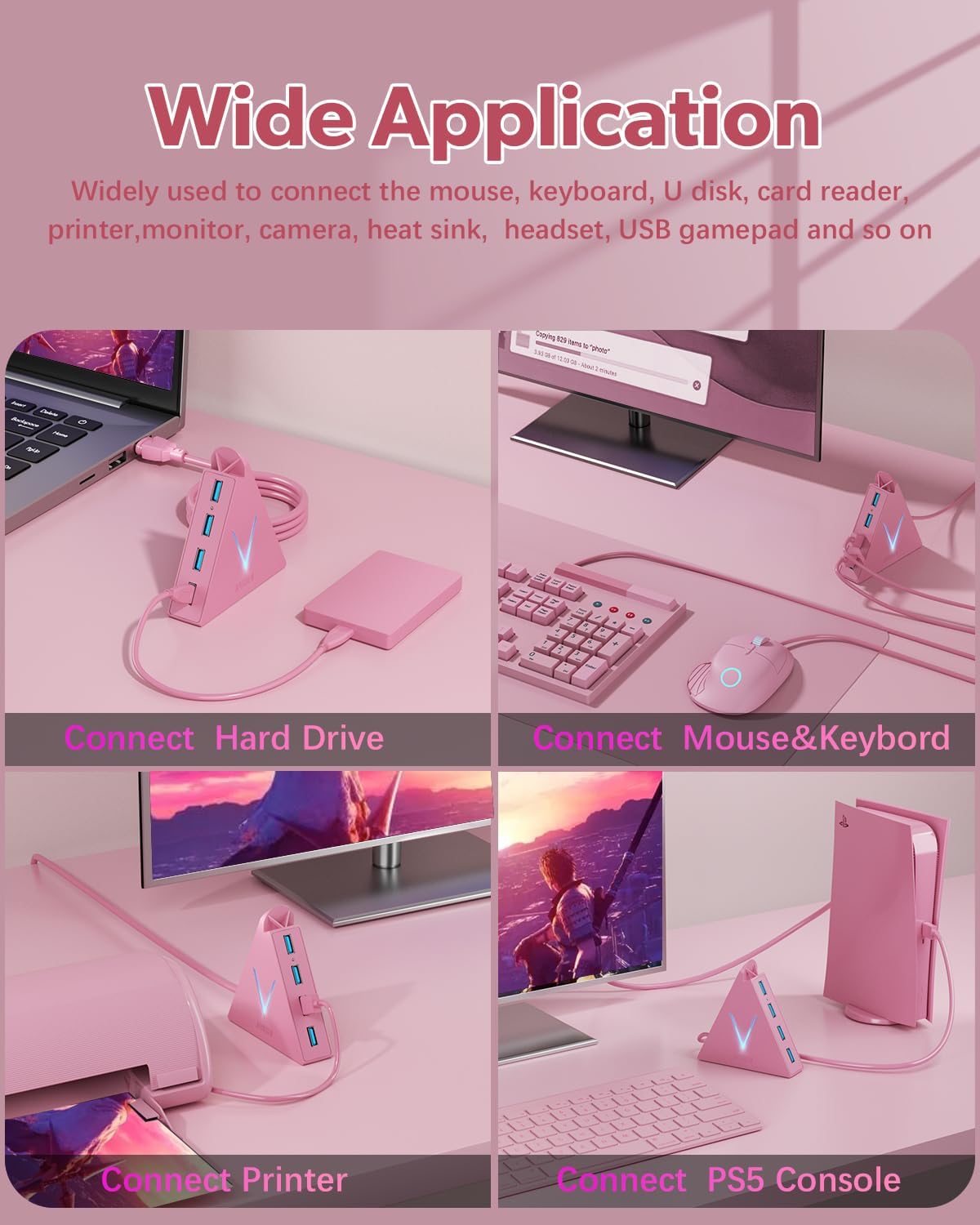 4-Port USB 3.0 Hub, FlyingVHUB Vertical Data USB Hub with 2 ft Extended Cable, for Mac, PC, Xbox One, PS4, PS5, iMac, Surface Pro, XPS, Laptop, Desktop, Flash Drive, Mobile HDD(Pink)