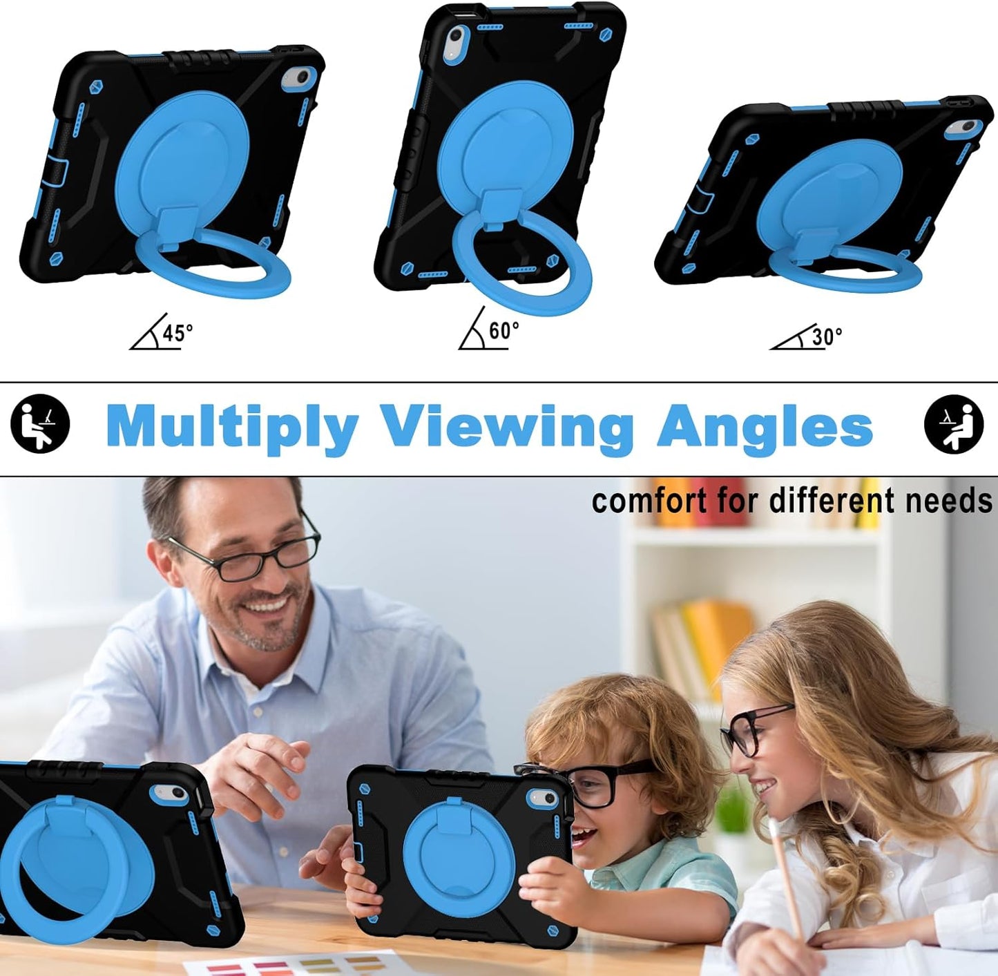 Case for iPad (A16) 11th Generation 11 inch 2025/10th Generation 10.9 inch 2022, Heavy Duty Shockproof Kids Protection Cover with Pencil Holder/360° Rotating Stand/Handle/Shoulder Strap, Black Blue