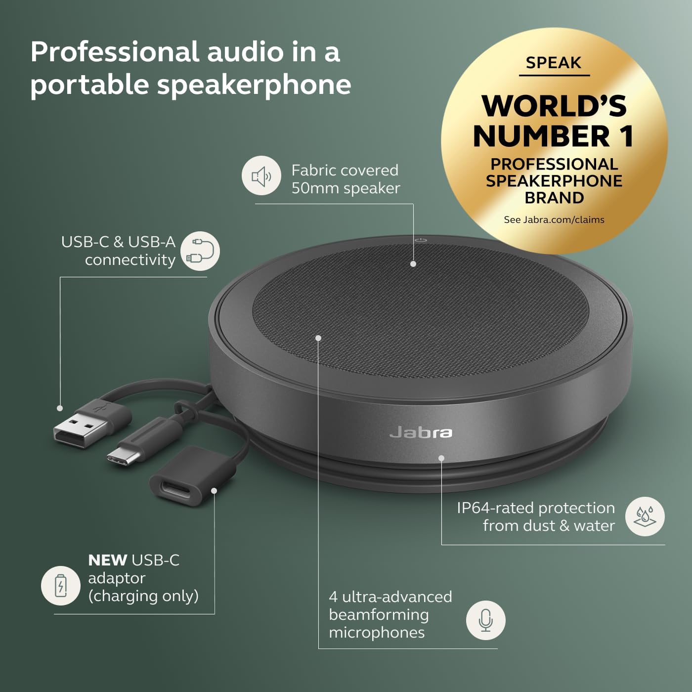 Jabra Speak2 75 (2025 Edition) Wireless Bluetooth Speakerphone - 4 Noise-Cancelling Mics, 65mm Speakers - New Linking Feature - USB-A & USB-C Adapter - Certified for Microsoft Teams - Dark Grey