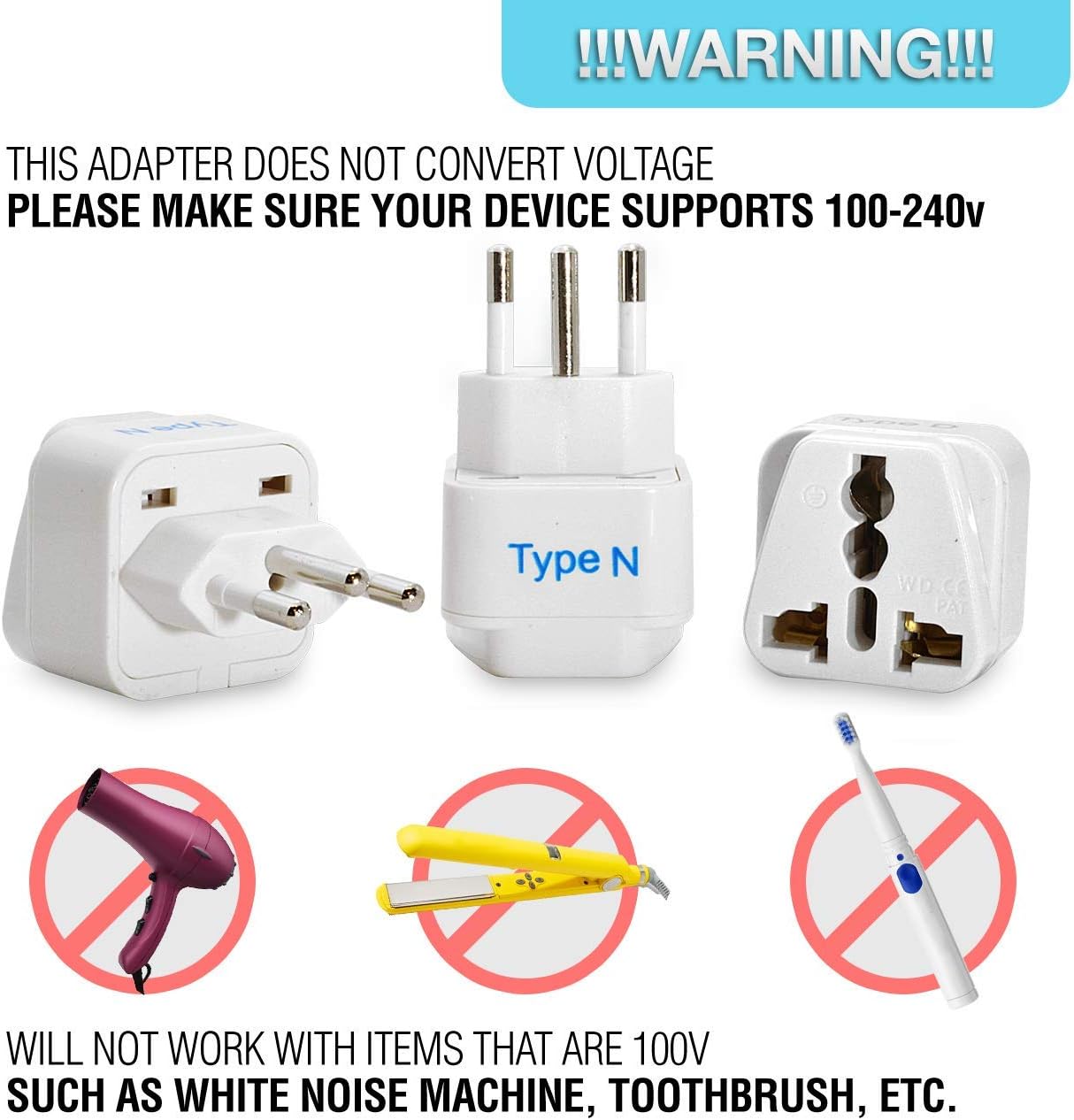 Ceptics Brazil Travel Plug Adapter (Type N) - 3 Pack [Grounded & Universal] (GP-11C-3PK)