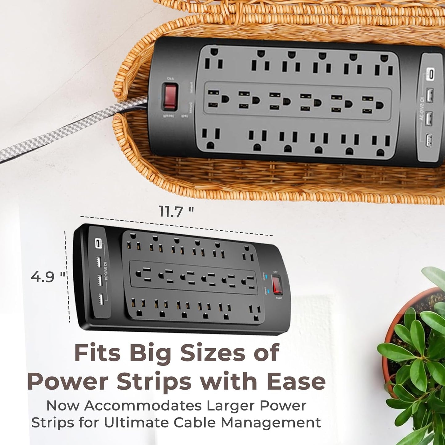 Cable Management Box, Handmade Rattan Cable Organizer, 2 Open Slots Cords Hider Box, Under Desk Cord Organizer for Computer Router USB Hub & Power Strip, Patent Pending, 15.9" x 6.5" x 6.5", Natural