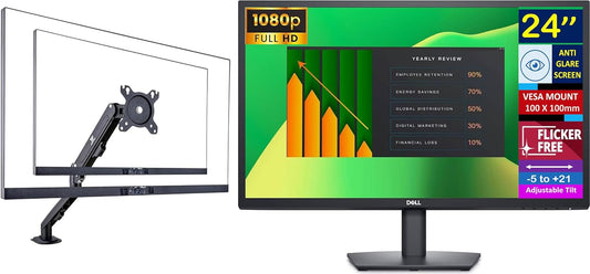 Dell 24" FHD VA Monitor with 5 ms Response Time, Flicker Free & Anti-Glare Display, VESA Mount(100x100mm), 1 x DisplayPort, VGA, Home & Business, Black (2025 Latest Model) & Ergoflexy Single Mount Arm