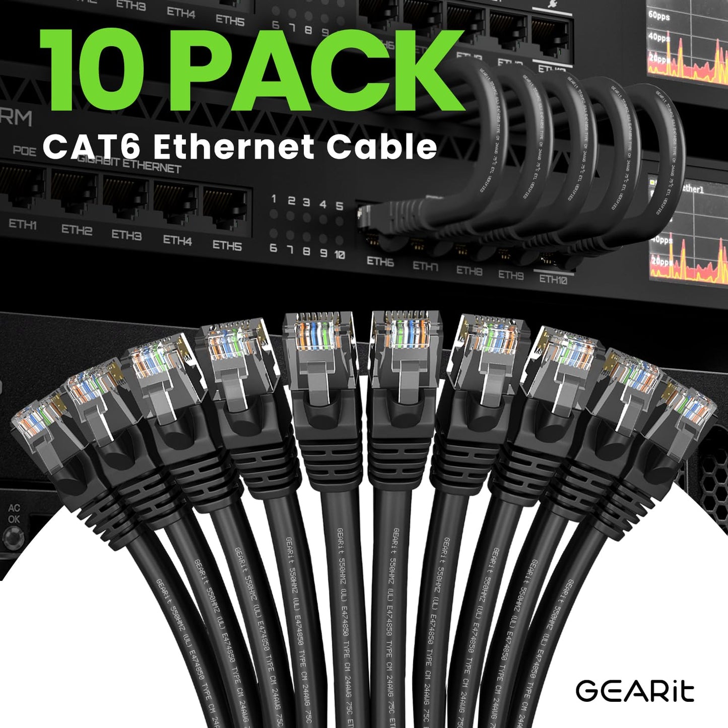 GEARit Cat 6 Ethernet Cable Pack - 10-Pack 6 ft Cat6 Ethernet Patch Cables | RJ45 Network Patch Cable, 10 Gbps Snagless Gold-Plated Connectors - Ethernet Cable Cat 6 for PC, TV, Router - Black