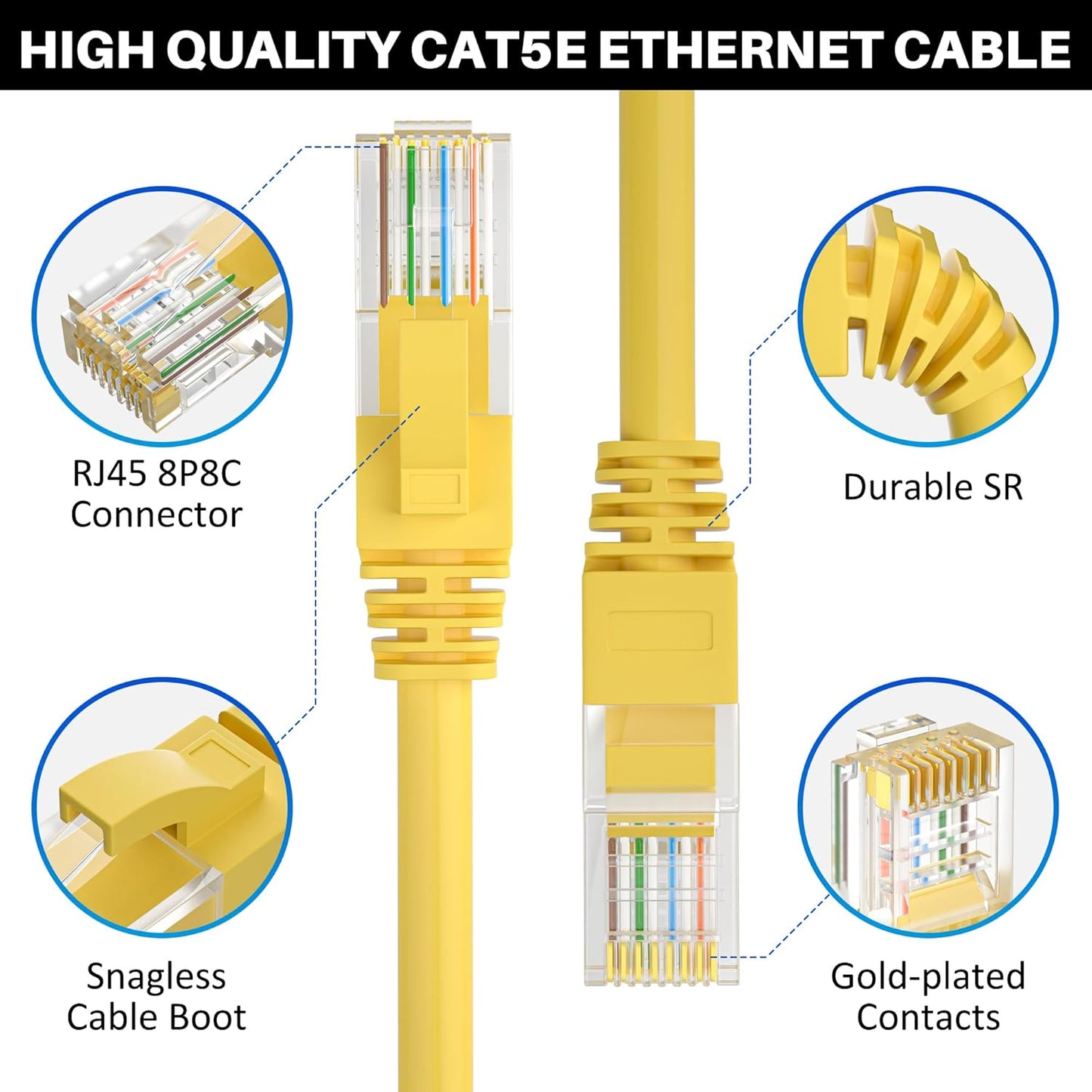 Cat5e Ethernet Cable 250 FT, Long Cat 5e Internet Cable, Yellow Snagless Patch Cord, Flexible, Network, LAN, PoE, Standard RJ45 Connector for PC, Server, Router, Modem, TV, PS5 - with 15 Cable Ties