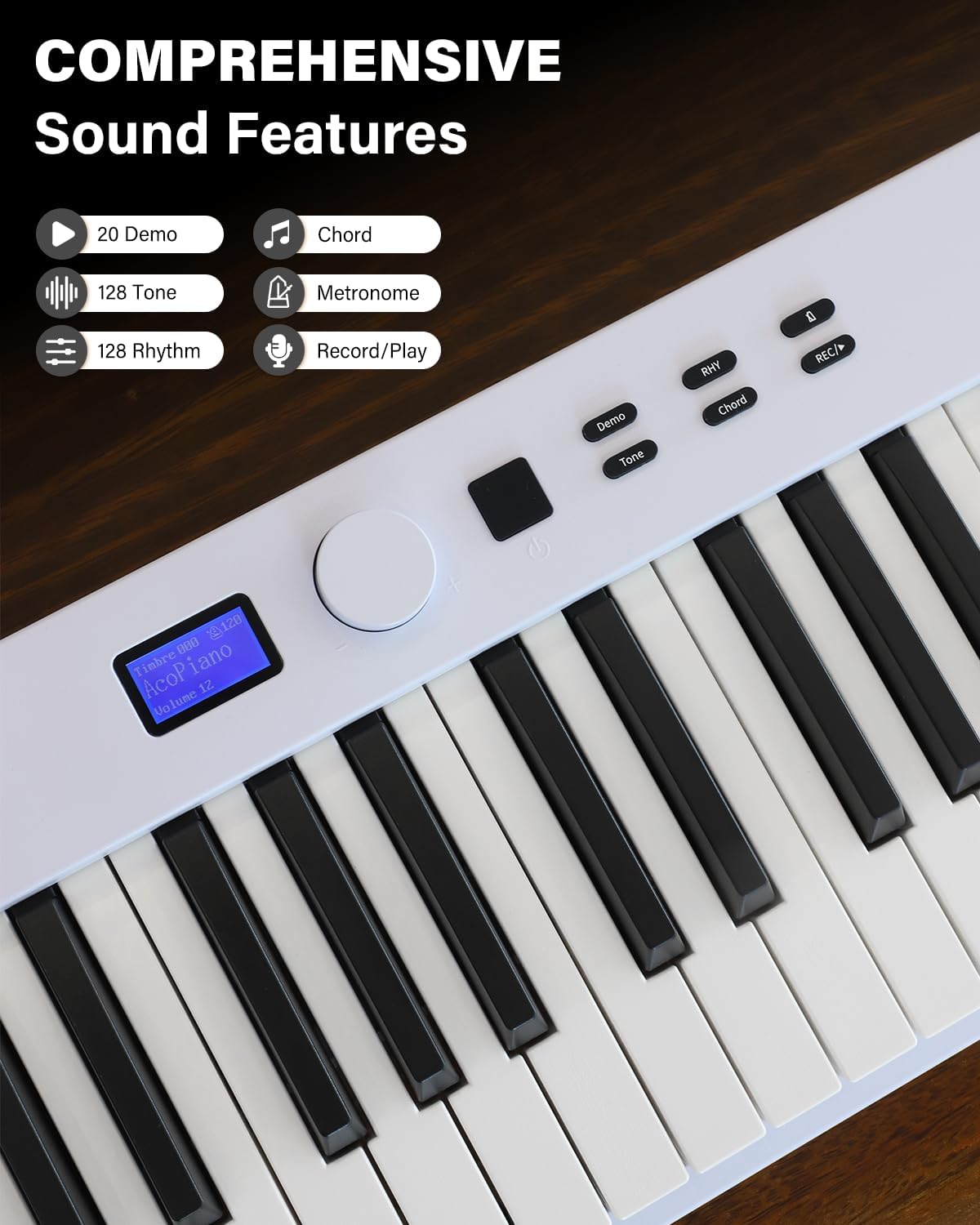 AiJoy 88 Key Beginner Piano Keyboard with Semi-Weighted Keys, 128 Tones, Speakers, USB MIDI, Carry-Bag, Sustain Pedal and Stand, White