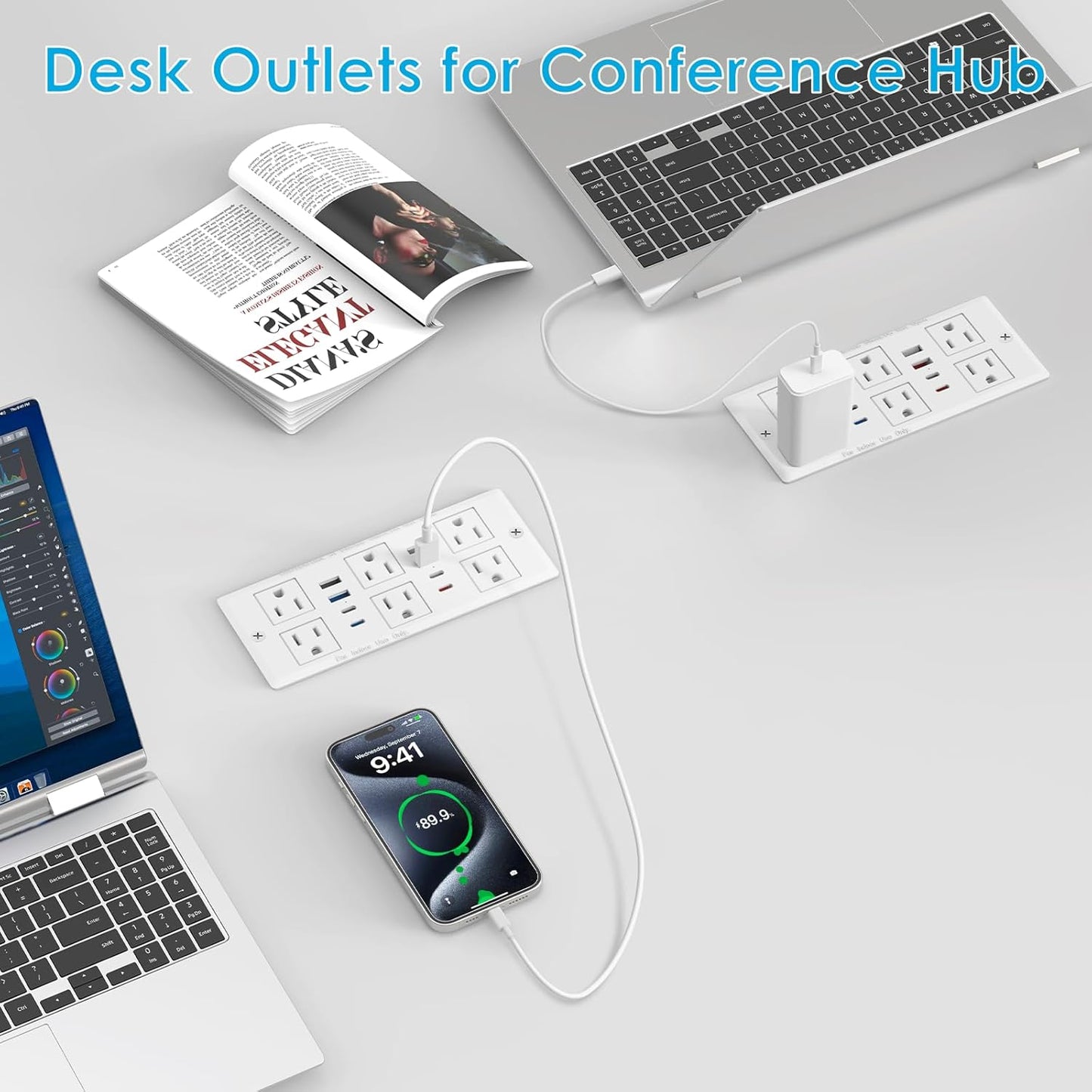 30W Recessed Power Strip USB C, Desk Flush Mount Outlet Plug in 6 AC & 8 USB Ports for Furniture Conference Power Hub, 6FT