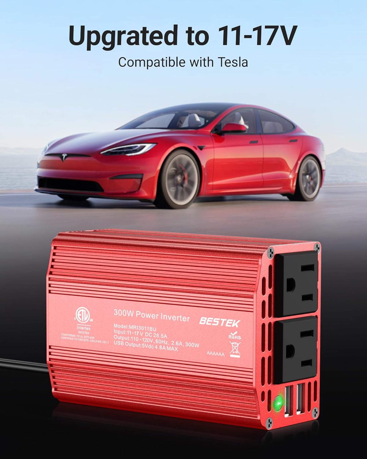 BESTEK Power Inverter DC 12V to AC 110V - 300W Car Plug Adapter Outlet with 4.8A Dual USB Fast Charging Port - Car Charger Cigarette Lighter Adapter for Phone, Laptop on Road Trip - Aluminum Housing