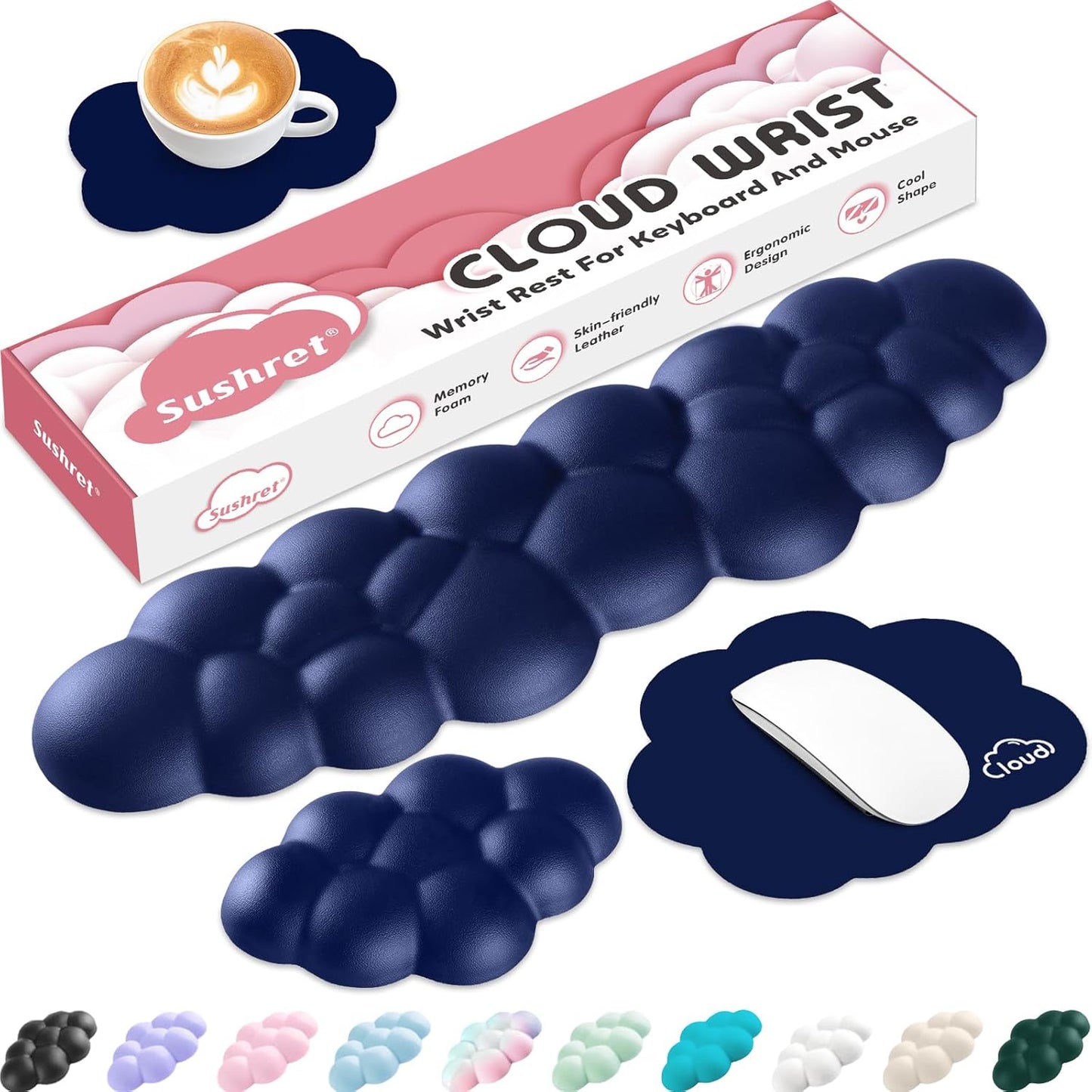 Cloud Wrist Rest for Computer Keyboard, 4-in-1 Memory Foam Leather Cloud Keyboard Wrist Rest and Mouse Pad Set with Ergonomic Support for Arm and Palm Cushion, Gaming/Work Setup, Dark Blue