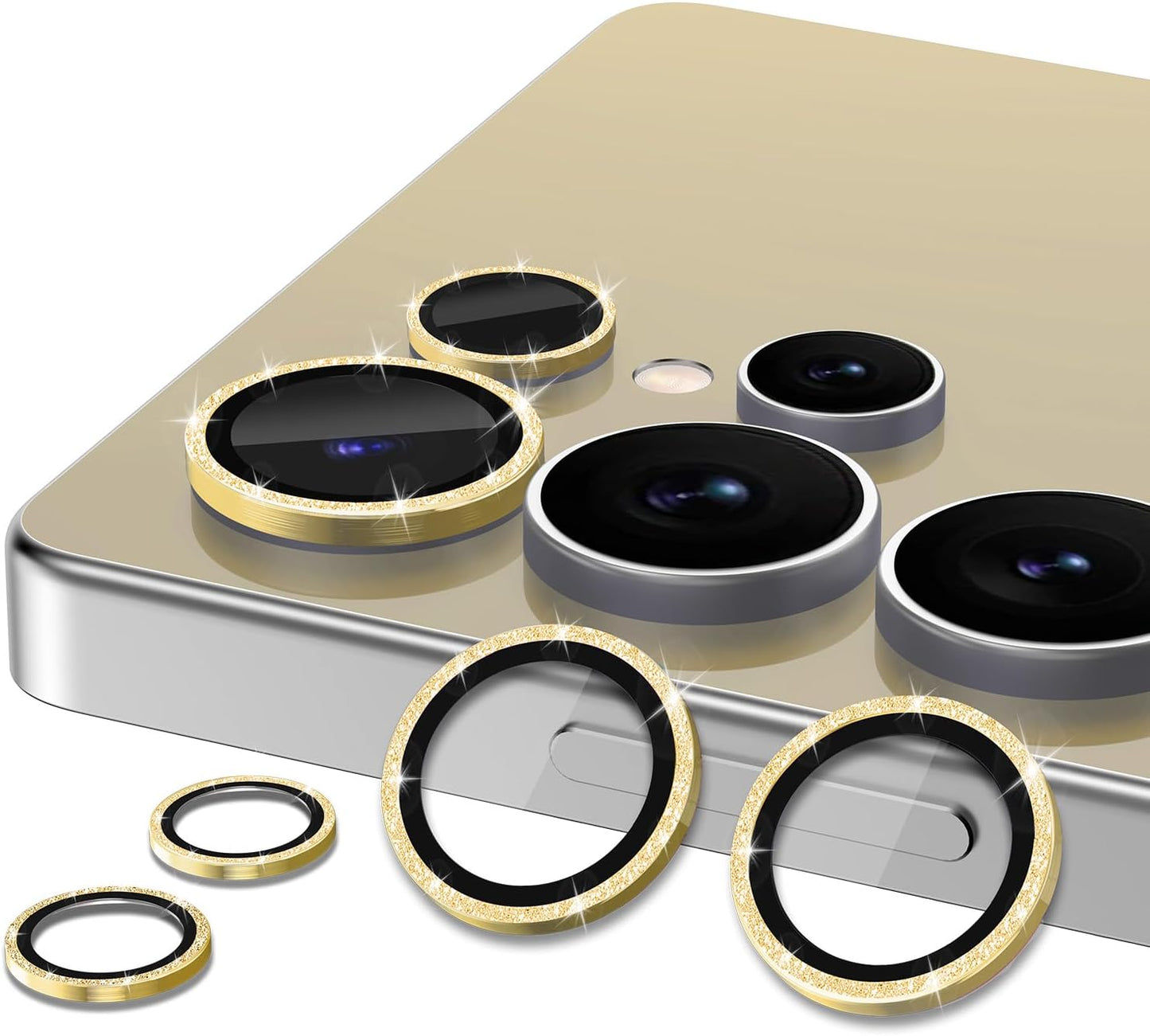 for Samsung Galaxy S25 Ultra Camera Lens Protector, Individual Metal Ring Tempered Glass Lens Cover, [Strong Adsorption] Scratch Resistant Ultra-Thin HD Clear Lens Cover, 1 Set-Gold Sparkly