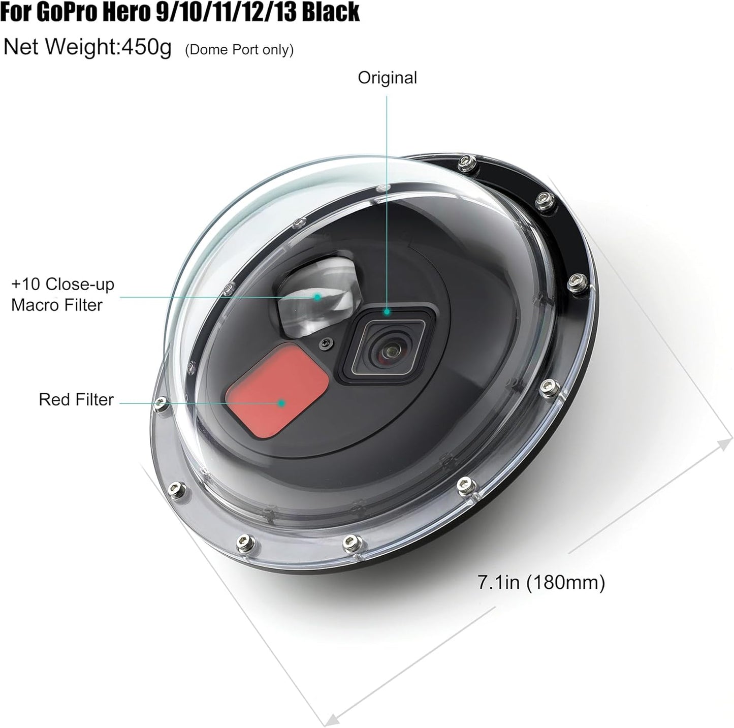 Dome Port for GoPro Hero 13 12 11 10 9 Black, Dome Port Lens with Waterproof Housing Case, Trigger, Floating Hand Grip, Built-in Switchable Red Filter and 10x Macro Filter