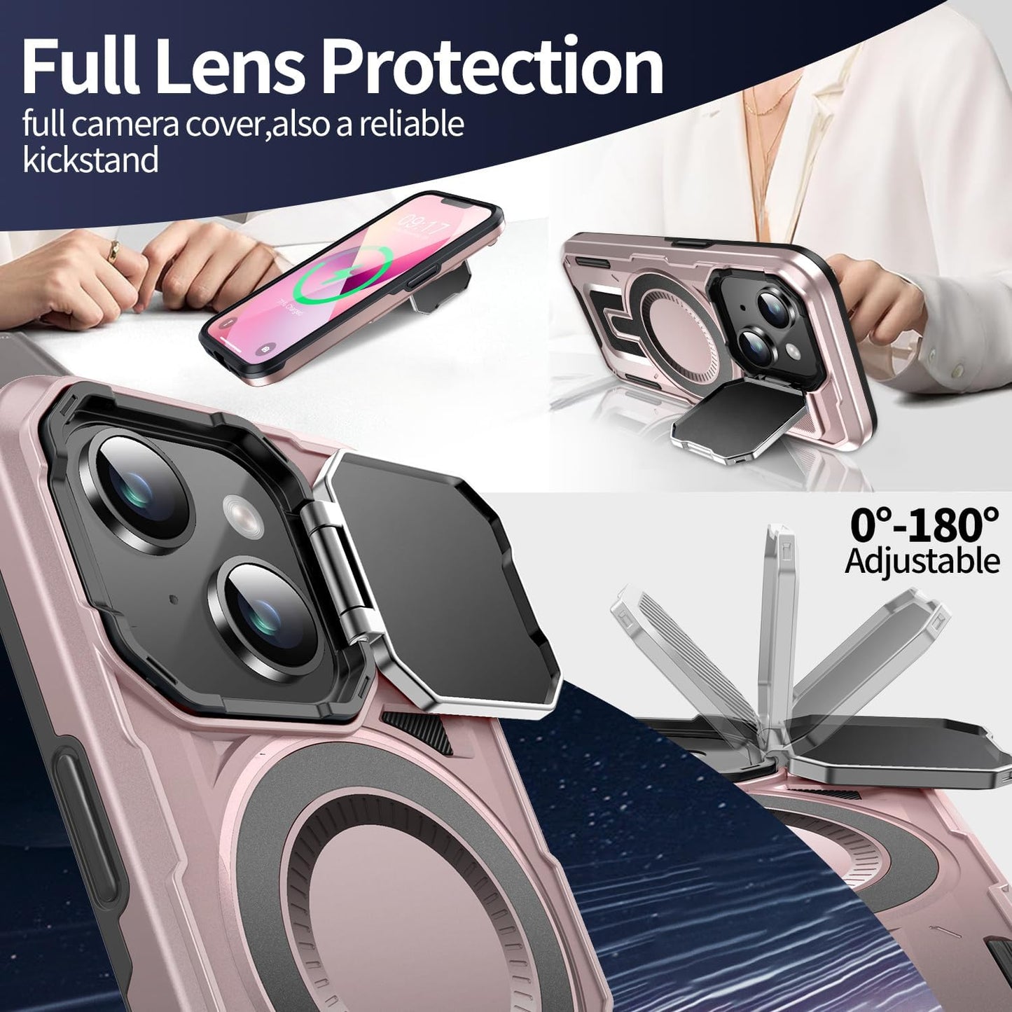 Camera Stand Case for iPhone 13/14, [Compatible with Mag Safe] [Lens Cover] 2024 Version Military Grade Protective Soft Case for iPhone 13/14 6.1 inch Men Women, Pink