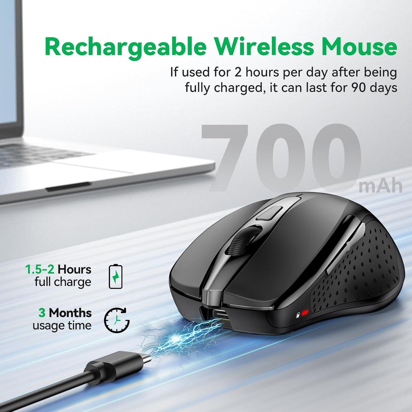 Bluetooth Mouse (BT5.0/3.0 & 2.4G) Rechargeable Wireless Mouse, 4800 DPI Optical Tracking, 6 Adjustable DPI, 2.4GHz with USB A Receiver, Quiet Clicks, Ergonomic Grips, 6 Buttons - Black