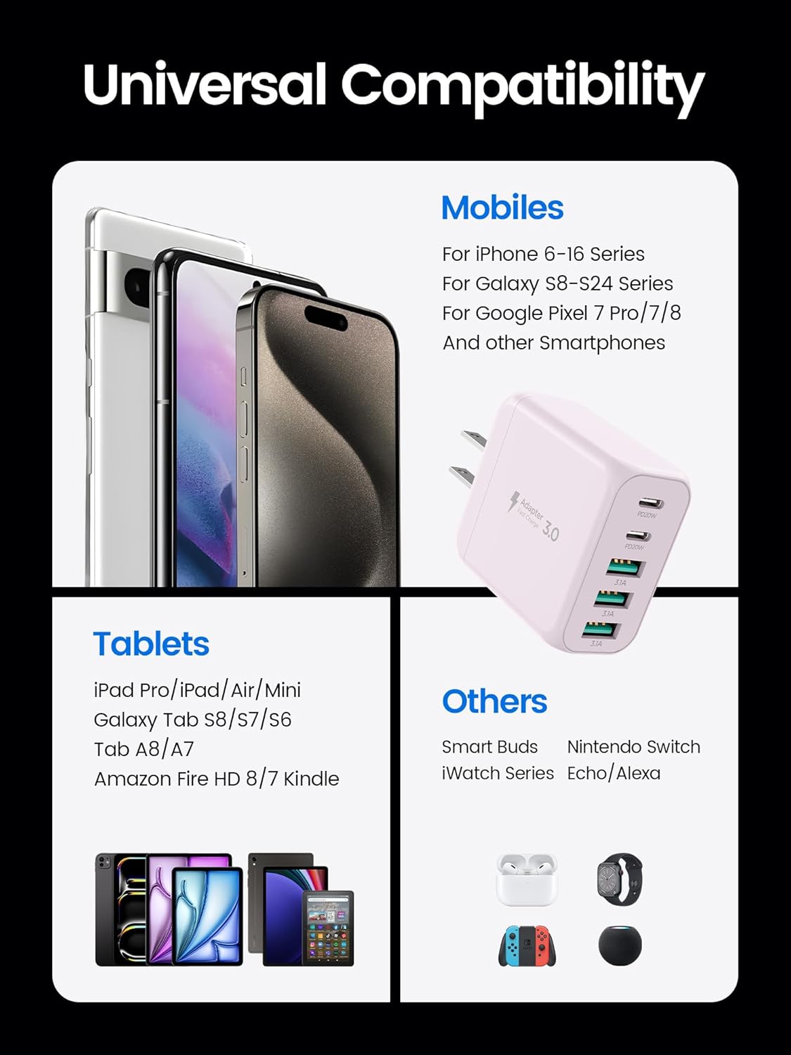 2-Pack Type C Fast Charging, 50W 5-Port USB Wall Charger Cube for iPhone 16 15 14 13 12 11 Pro Max XS, iPad, Samsung & More - Pink