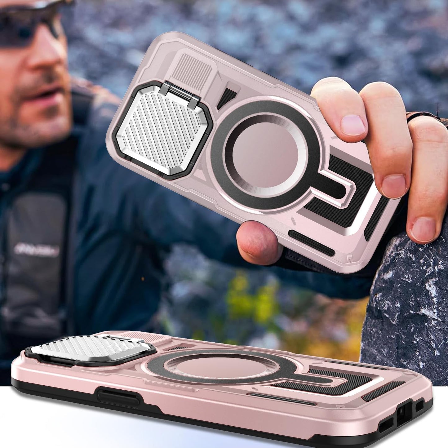 Camera Stand Case for iPhone 16E, [Compatible with Mag Safe] [Lens Cover] 2024 Version Military Grade Protective Soft Case for iPhone 16E 6.3 inch Men Women, Pink