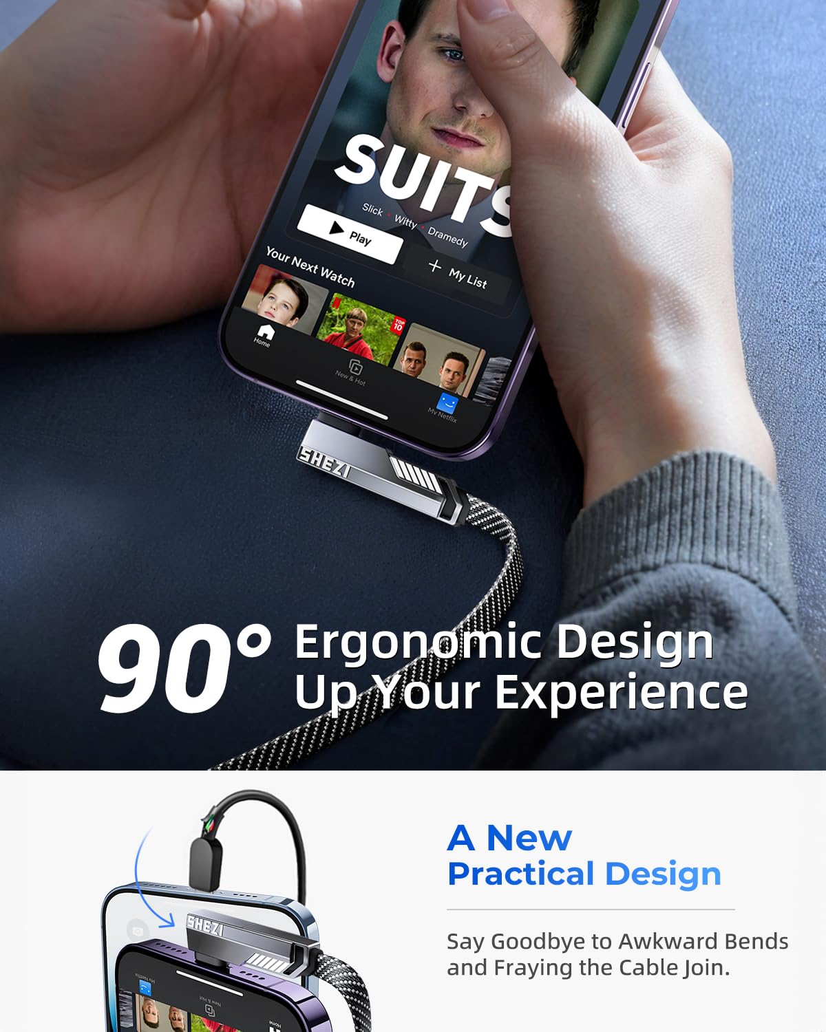 4-in-1 Long USB C Cable 10FT Compatible with Lightning Cable 90 Degree Fast Charging Flat Nylon Braided for iPhone/iPad Charger Cord Multi Charge Cord with L/USB C/USB A Ports, Grey