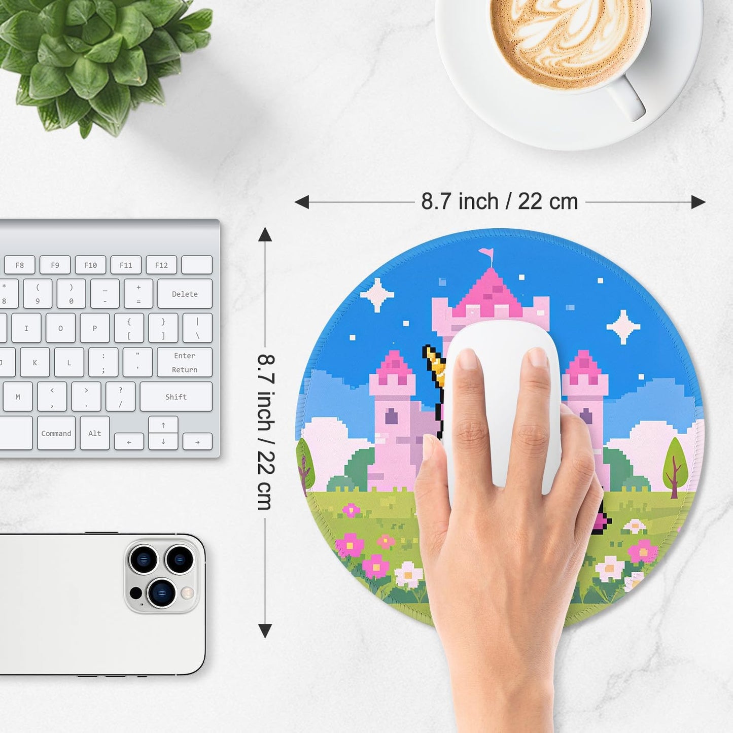 ITNRSIIET Mouse Pad Non-Slip Rubber Base Smooth Surface Stitched Edges Waterproof Durable Compatible with All Mice for Office & Gaming, Desk Accessory, Diameter 8.7 inch, PixelCastle