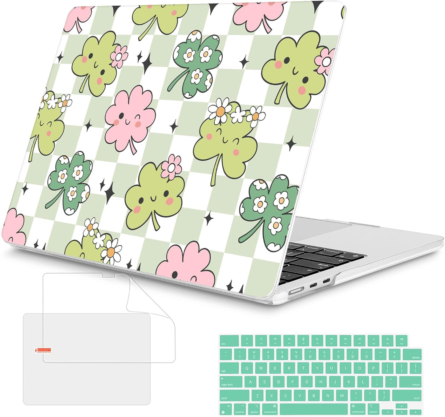 Mektron for 2025 MacBook Air 15 inch M4 Case A3241/ 2024 M3 A3114/ 2023 A2941 M2 Hard Printed Case with 15.3 Liquid Retina Display Touch ID, Plastic Hard Cover & Keyboard Skin- Lucky Clovers
