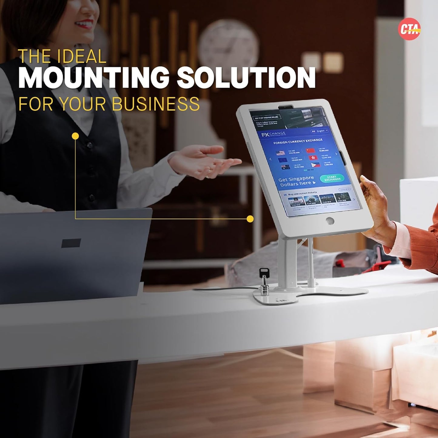 Dual Locking Stand – CTA Security Kiosk with Locking Case, Cable, Stylus, Tether, and 360-Degree Rotating Base for iPad Pro 10.5”, iPad Air 3, and Headphone Jack. (PAD-ASKTW) - White