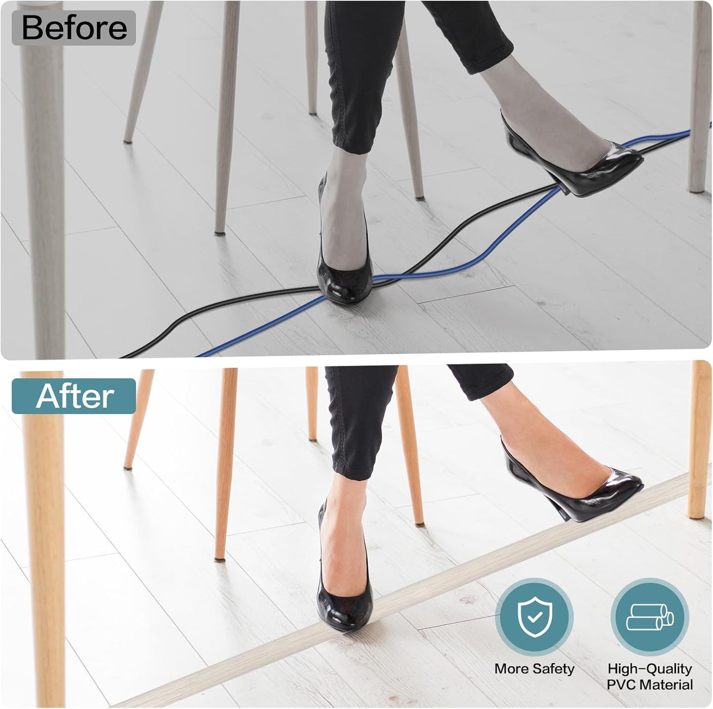 Floor Cord Cover Self Adhesive Cord Hider Floor Extension Cord Covers for Floor Power Cord Protector Cable Management Prevent Cable Trips Cable Cavity 0.59" W x 0.31" H (Beige Wood, 20Ft)