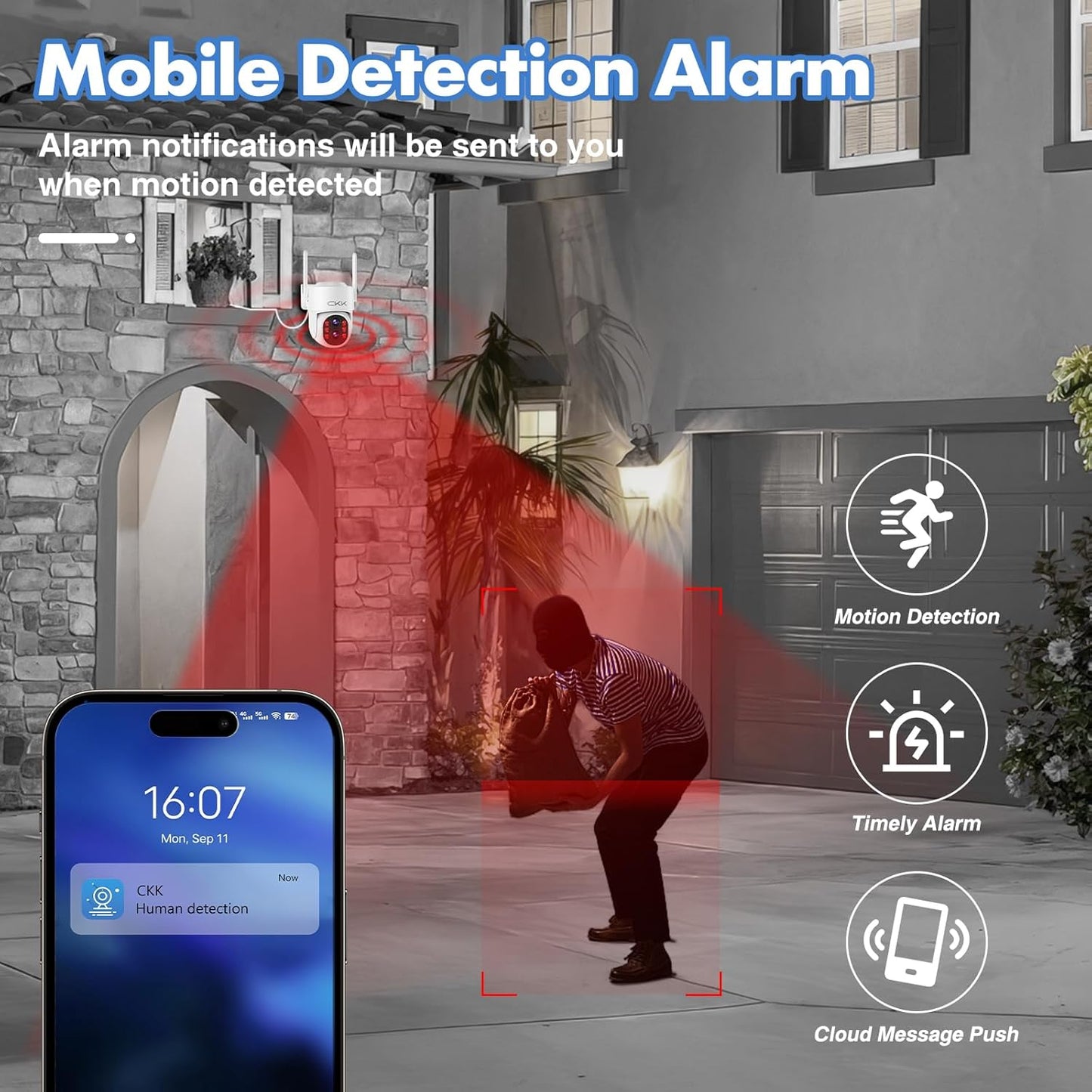 CKK 【Dual Wi-Fi, Dual Lens】 Wireless Security Camera System, 4PCS Outdoor Dual Lens PTZ Cameras Plug & Play for 24/7 Recording, AI Motion Detection/Color Night Vision, 2.4G/5G WiFi, and 1TB HDD.