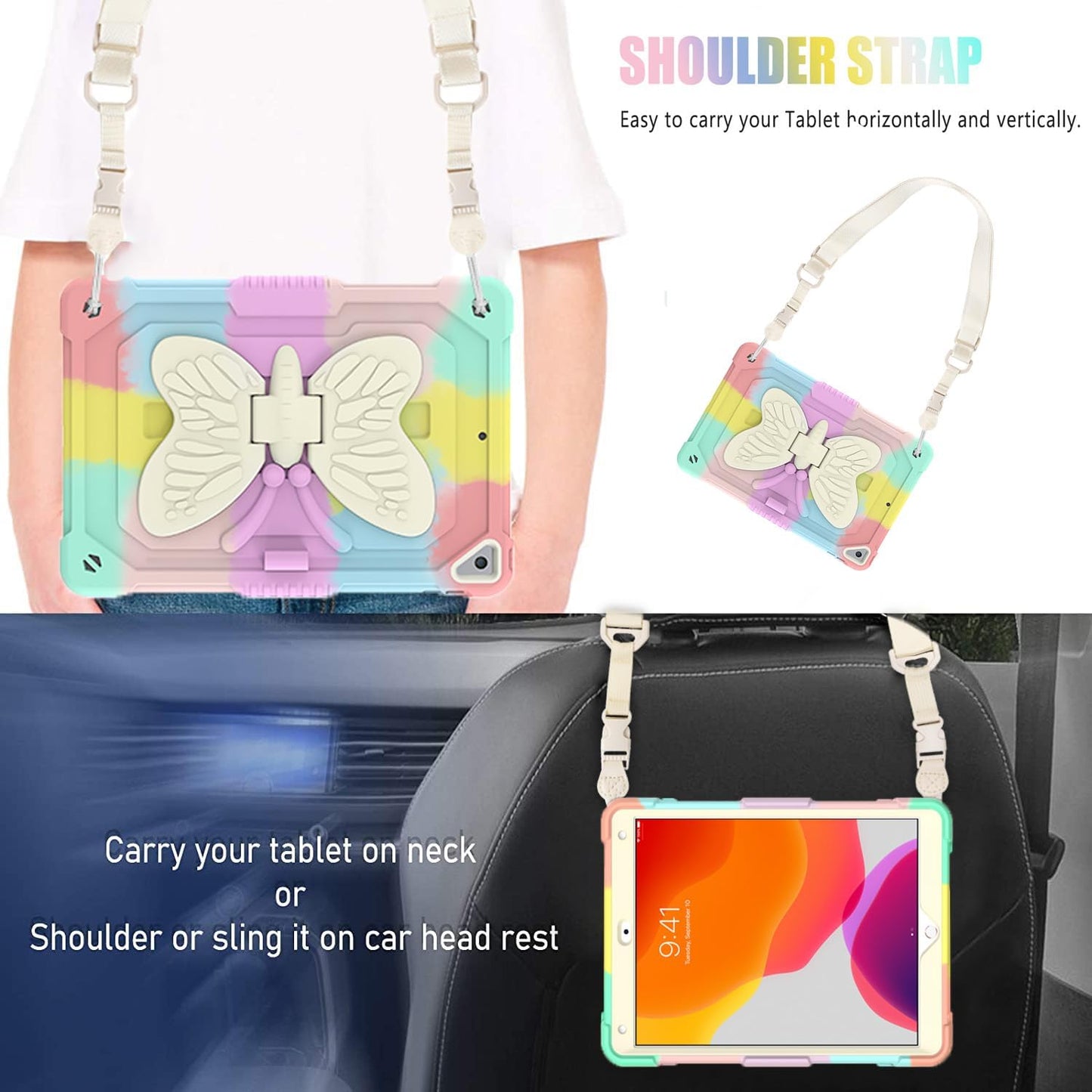 BLOSOMEET Pink Kids Case for iPad 9th/8th/7th Generation 2021/2020/2019 10.2 Inch with Tempered Glass Screen Protector & Butterfly Stand Cover for iPad 10.2 with Shoulder Strap Pencil Holder