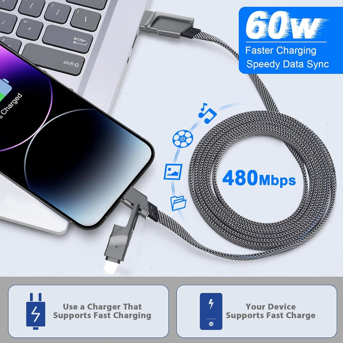 2Pack 6FT 4 in 1 USB C Cable for Lightning, 60W Fast Charging, Flat Braided, Dual Type C Cord, Multi Charger for iPhone 16 15 14 13 Pro Max/15 Plus/15 Pro/Samsung Galaxy S24 S23/iPad/MacBook