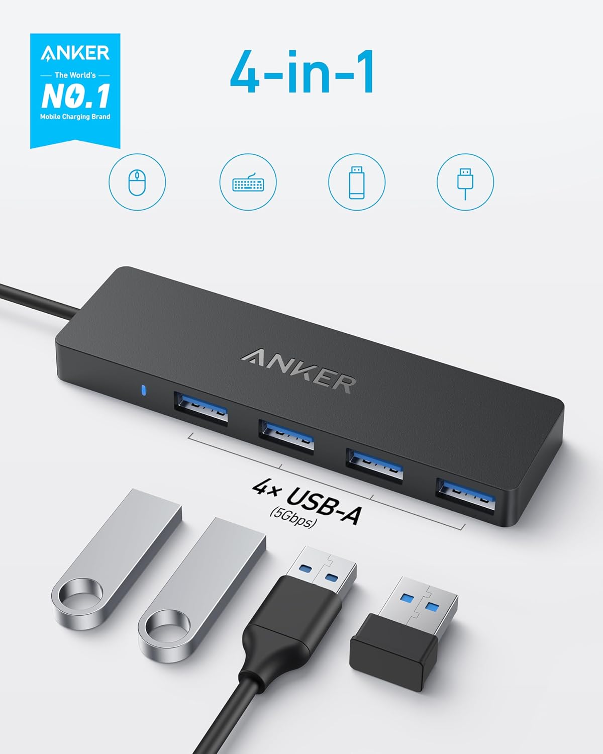 Anker 4-Port USB 3.0 Hub with 5Gbps Data Transfer, Ultra-Slim USB-C Connector Hub, for MacBook, iMac, Surface, Mobile HDD, and More (2 ft USB-C Connector, Charging Not Supported)
