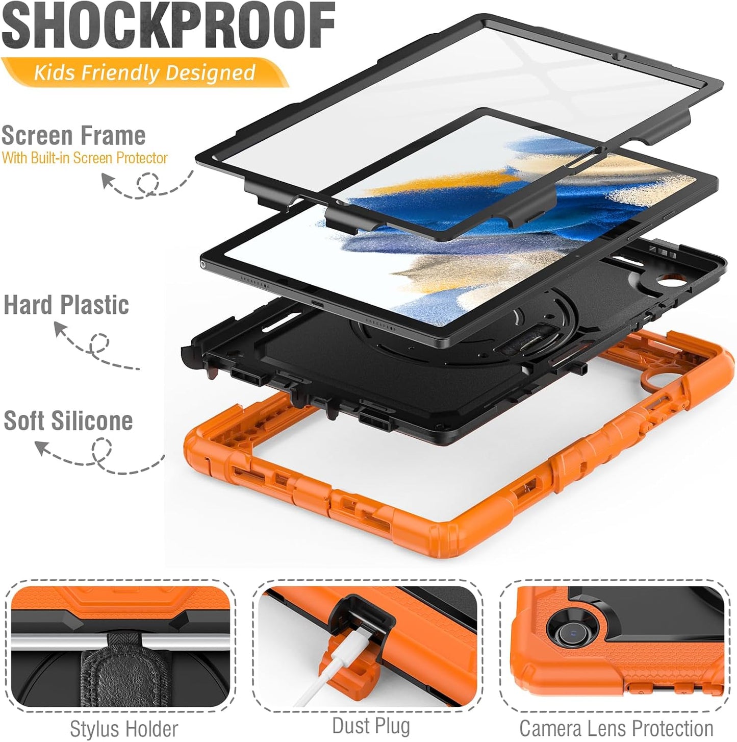 HXCASEAC Case for Samsung Galaxy Tab A8 10.5 inch, Protective with Screen Protector/Hand Strap/Pen Holder, Sturdy Shockproof A8 Tablet Case 2022 SM-X200/X205/X20 - Orange