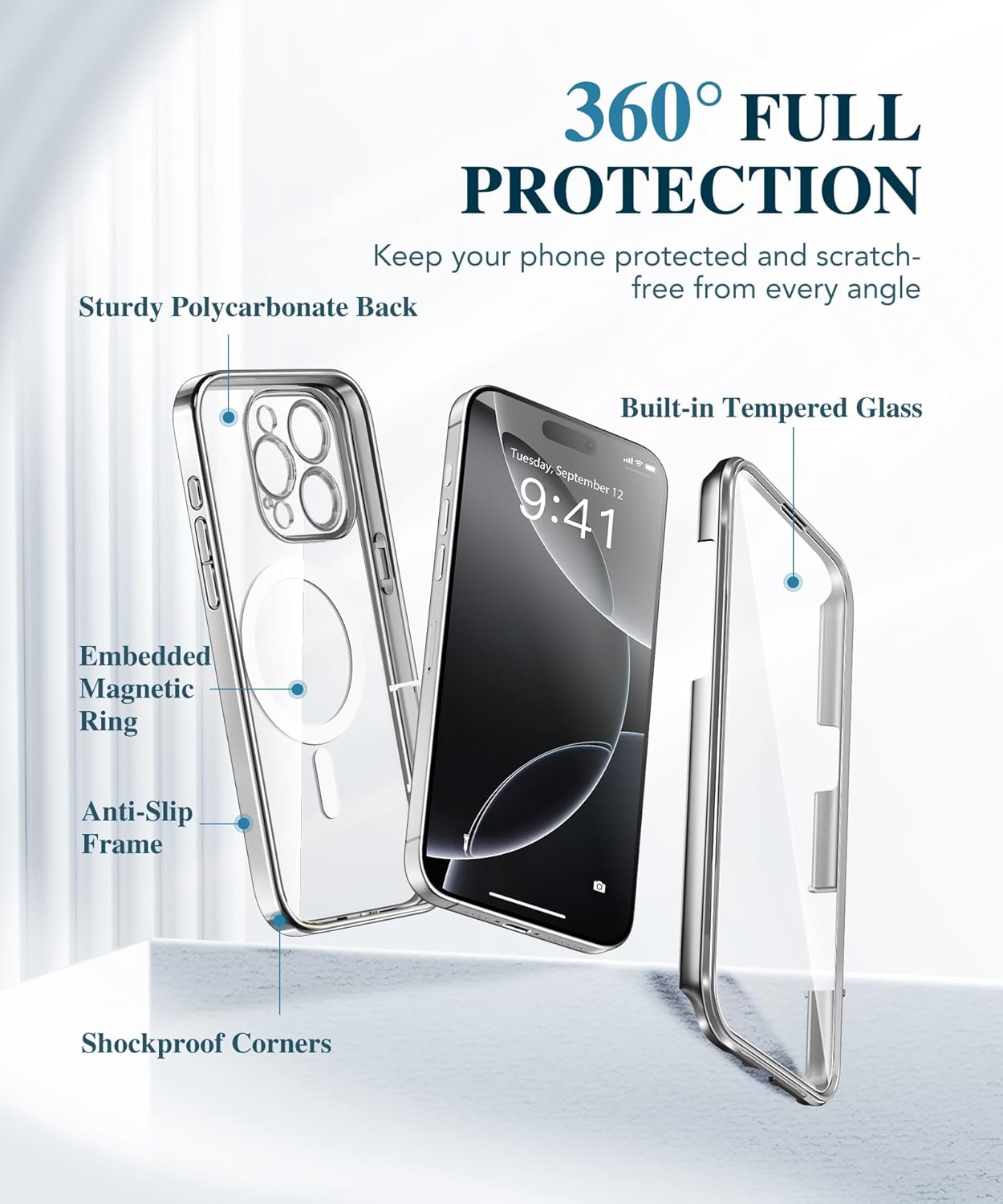 BERFY Magnetic for iPhone 16 Pro Max Case, Compatible with MagSafe,[Built-in 9H Tempered Glass Screen Protector & Upgraded Camera Protection] Full Body Plating Phone Case for 16 ProMax,Titanium Silver