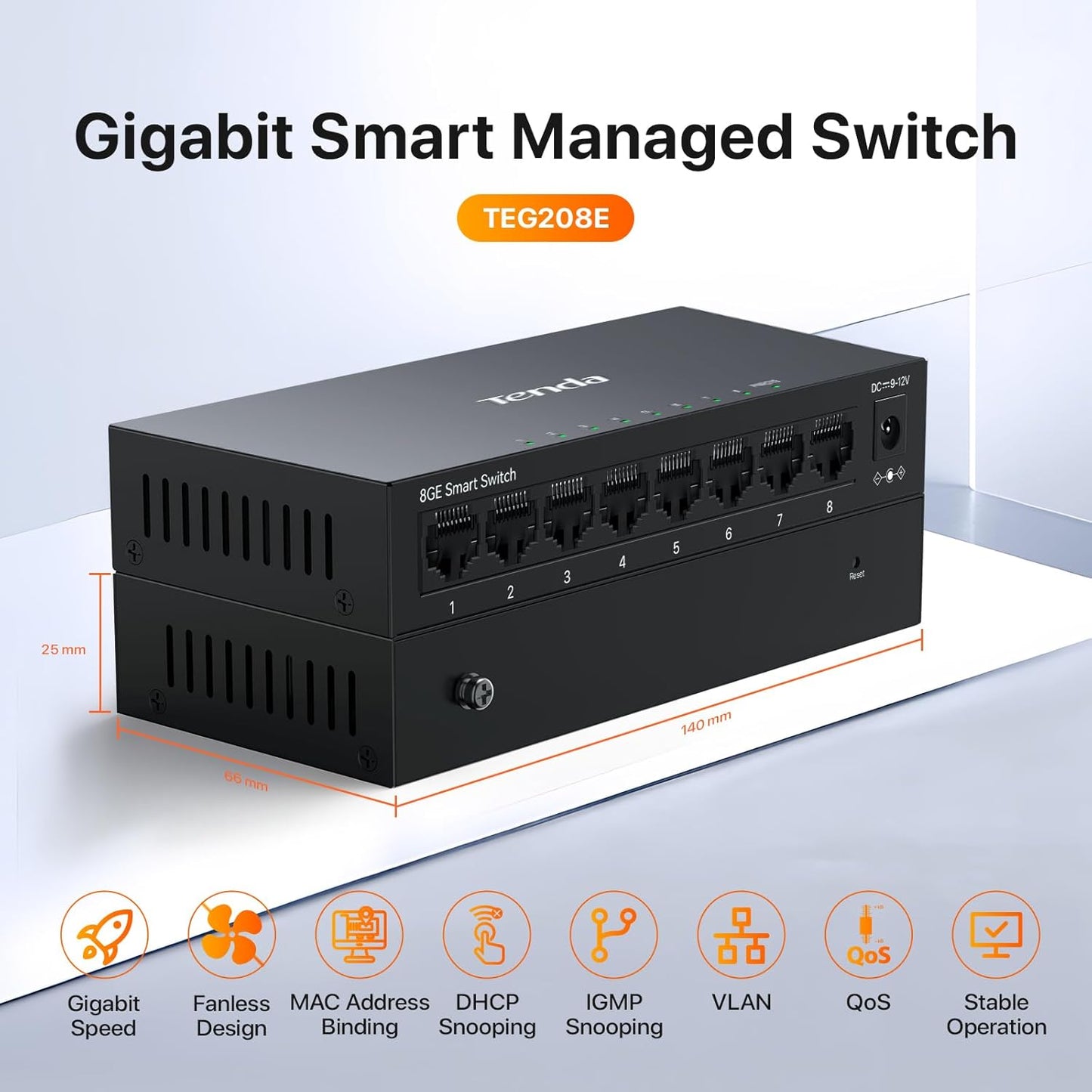 Tenda TEG208E 8 Port Managed Gigabit Switch, Easy Smart Managed, Base-T Ports, Desktop/Wall-Mount, VLAN/IGMP/LAG/QoS, 16Gbps Switching Capacity, Fanless Metal Design