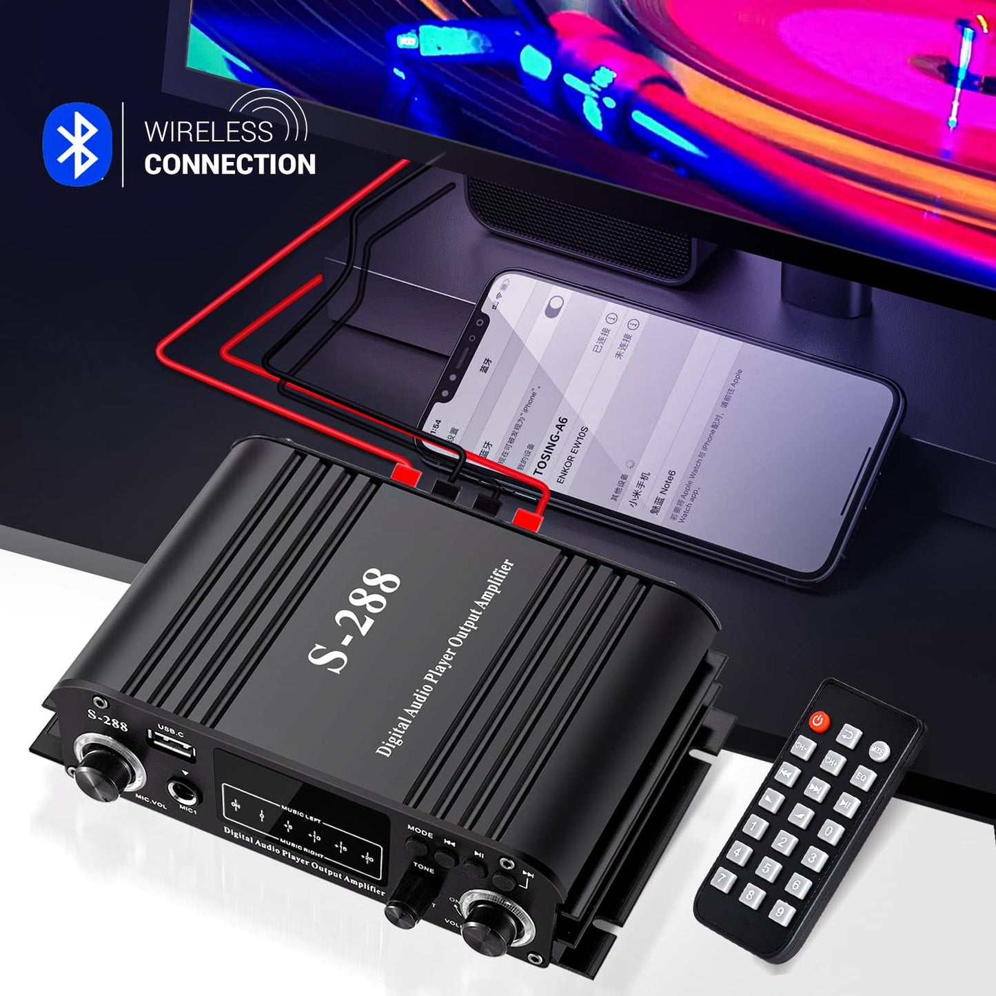 Facmogu S-288 4 CH Bluetooth 5.0 Home Audio Amplifier, RMS 45Wx4, Max 600W HiFi Stereo Power Amplifier USB, SD, FM Class D Speaker Amp for Home Theater Karaoke, with Power Adapter & Remote Control