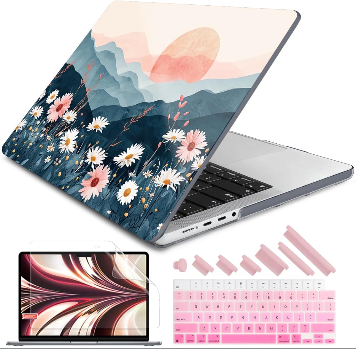 DONGKE for M4 MacBook Pro 16 Inch Case 2024 2023 2021 A3403 A3186 M3 A2991 M2 A2780 M1 A2485 Pro/Max Chip, Plastic Hard Shell Case & Keyboard Cover for Mac Pro 16 with Touch ID, Sun & Daisies