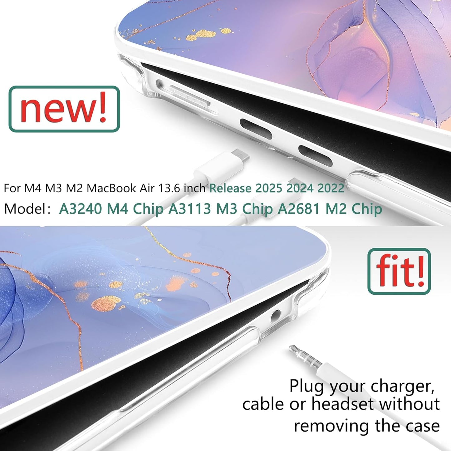 TWOLSKOO Compatible with M4 MacBook Air 13.6 inch Case 2025-2022 Release M4 A3240 M3 A3113 M2 A2681, Plastic Hard Shell & Keyboard Cover & Type C Adapter & Screen Protector, Blue Marble