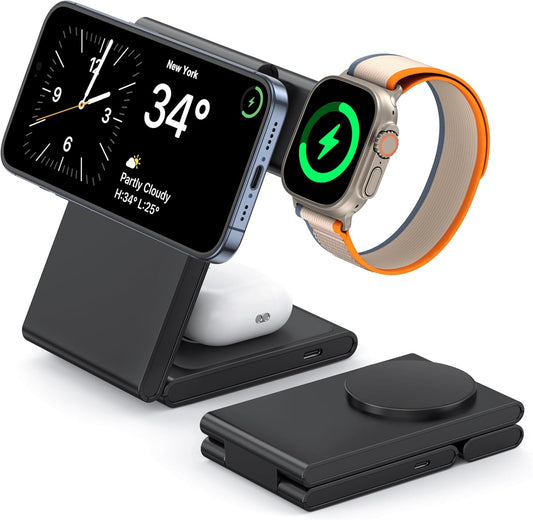 3-in-1 Wireless Charging Station, Standard 20W Fast Magnetic Foldable Magsafe Charger Stand for iPhone 16 15 14 13 12 Series, Travel Charger for iWatch 10/Ultra 2/AirPods 4 Series(Adapter Included)