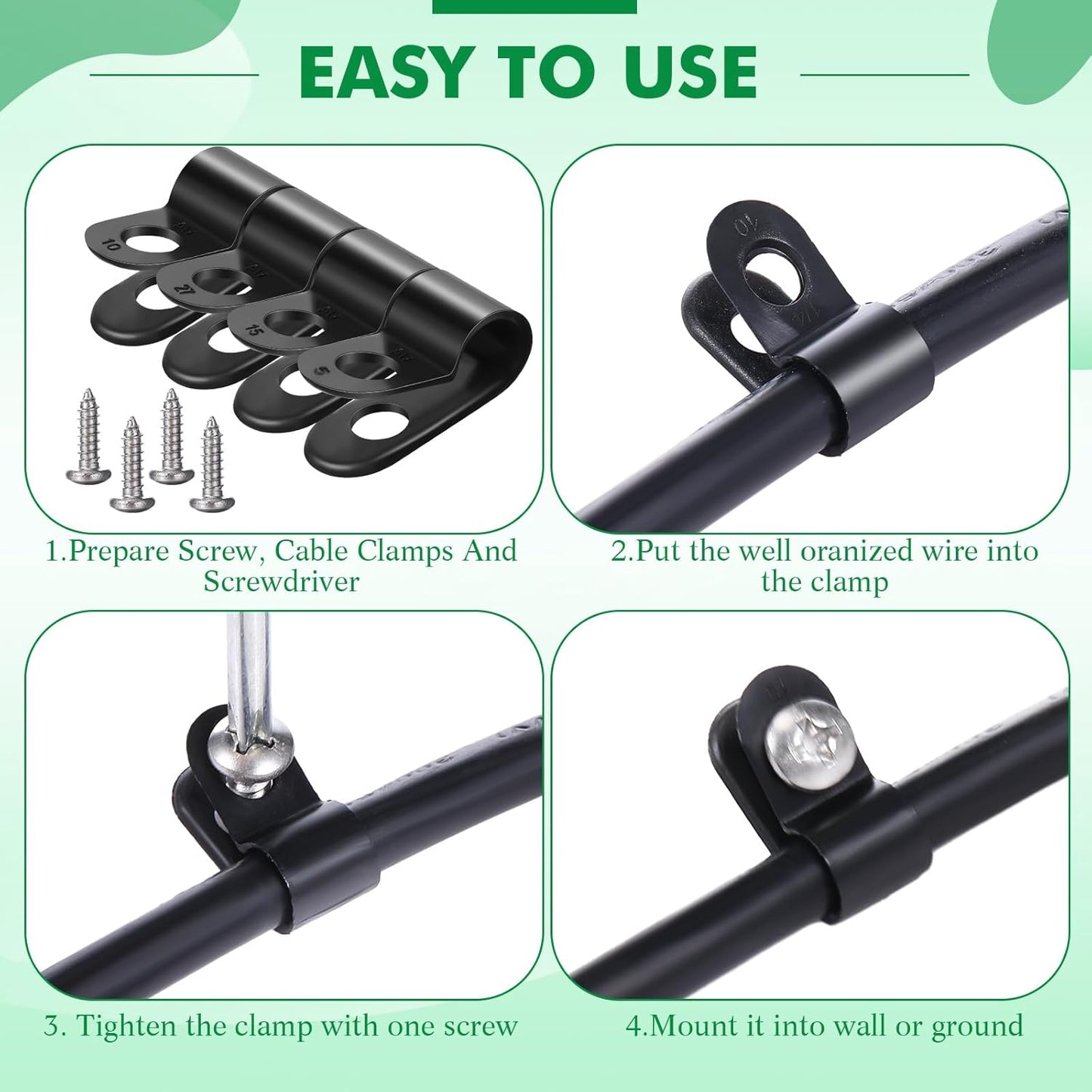 Hicarer 50 Pack R-Type Cable Clip Wire Clamp, Nylon Screw Mounting Cord Fastener Clips with 50 Pack Screws for Wire Management (Black, 1/4inch)