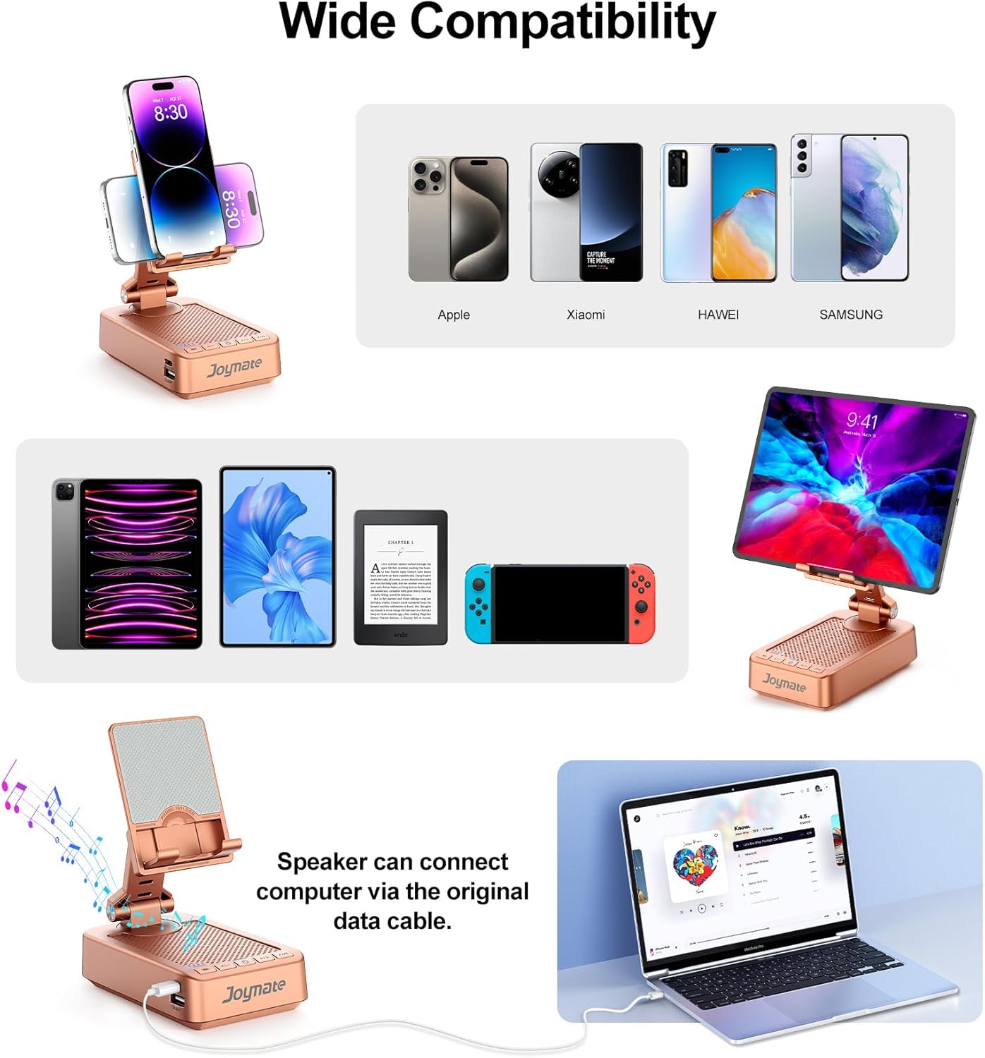 Gifts for Women Girls, Bluetooth Speaker Phone Stand with Charging Function 360° Rotable Adjustable Cell Phone Holder with HD Surround Sound for Desk Fits All Phones,Tablet (Rose Gold)