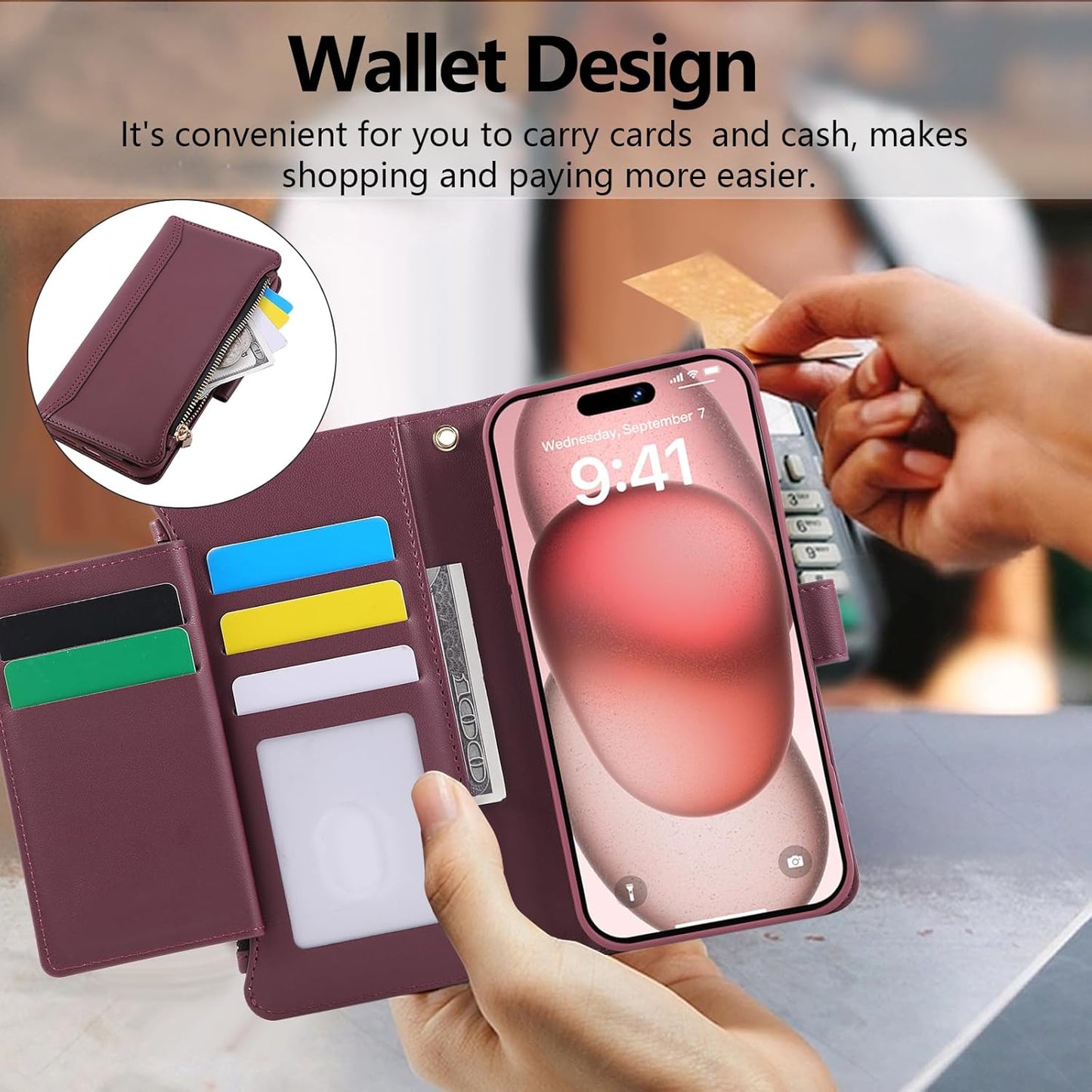 Compatible with iPhone 7/8/SE 2020/SE 2022 Wallet Case PU Leather Shockproof Protective Cover with Credit Card Slots, Zipper Pocket Detachable Wrist Strap,Unisex Design for Men/Women-Claret
