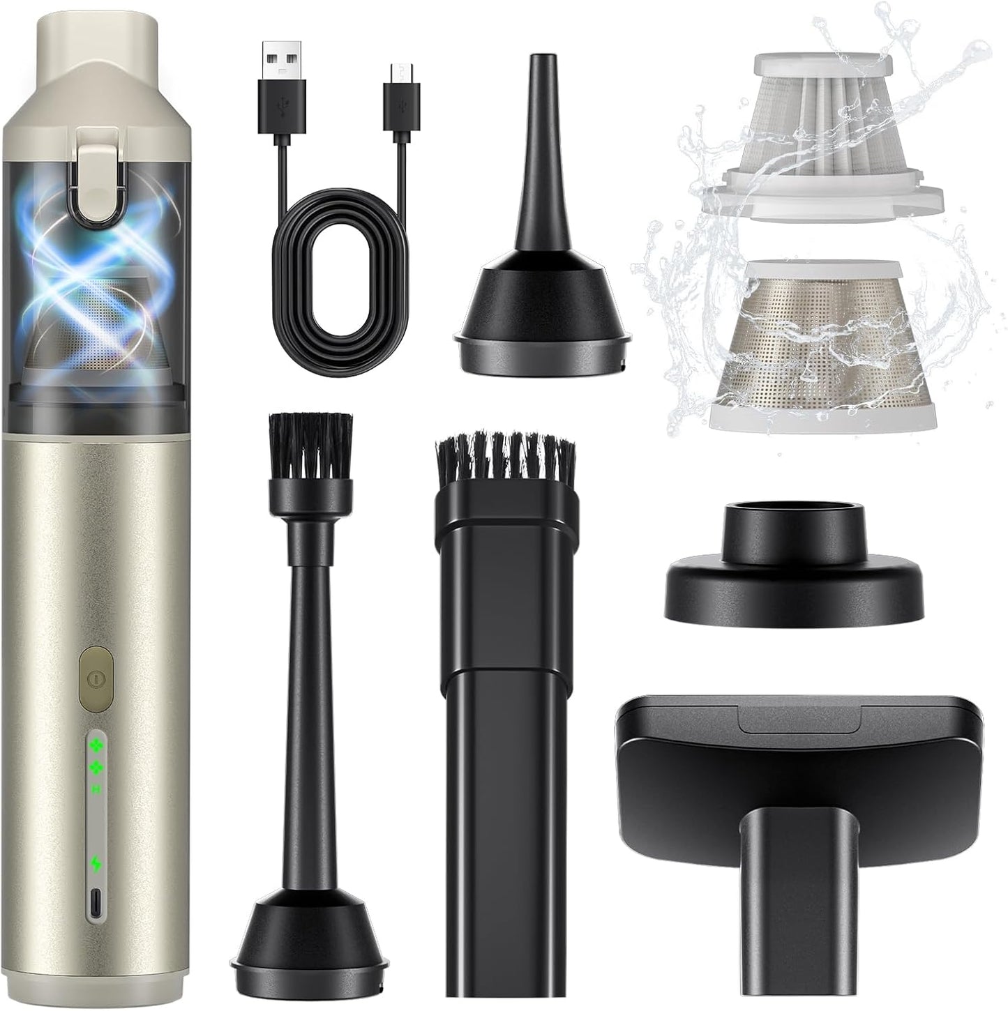 Car Vacuum Portable with 16000Pa Powerful Suction, Handheld Vacuum Cordless Rechargeable Blow & Suction 4 in 1, Small Vacuum Cleaner for Car, Outdoor, Home, Office (Gold Renew)