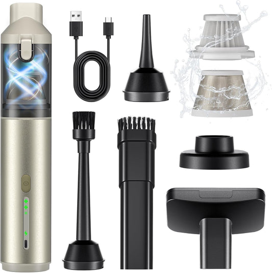 Car Vacuum Portable with 16000Pa Powerful Suction, Handheld Vacuum Cordless Rechargeable Blow & Suction 4 in 1, Small Vacuum Cleaner for Car, Outdoor, Home, Office (Gold Renew)
