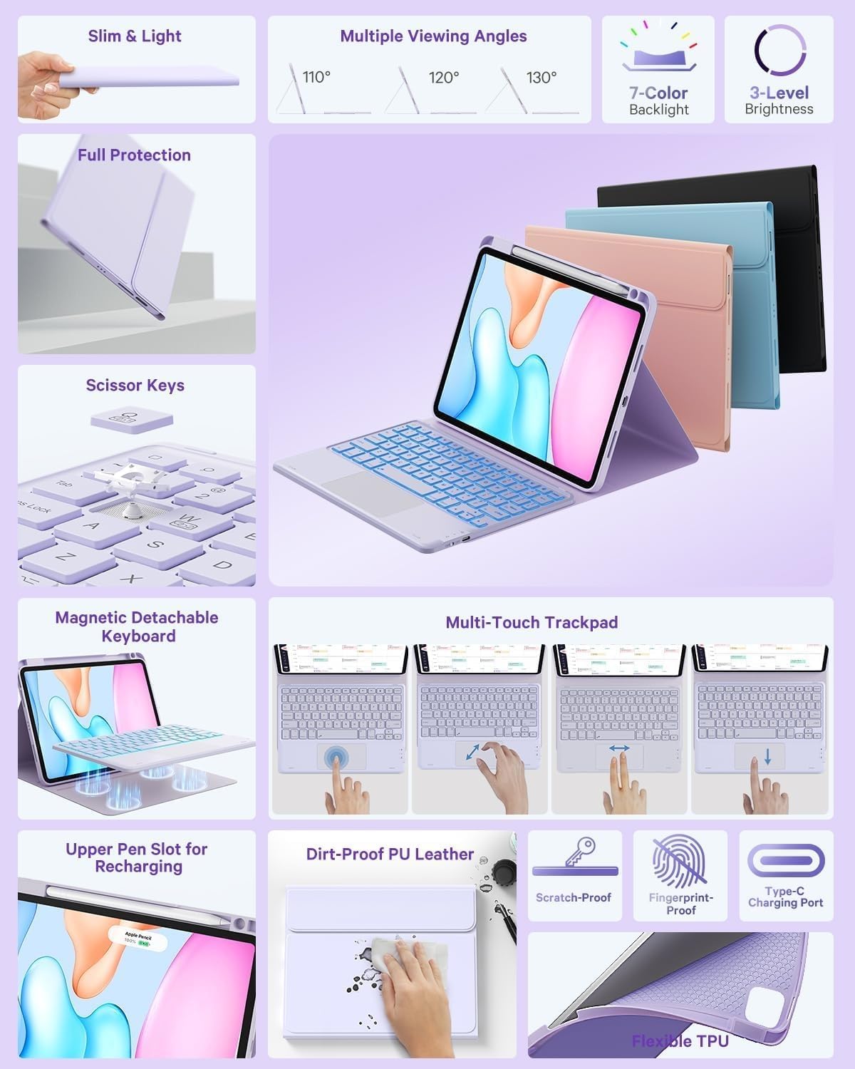 GreenLaw Keyboard Case for iPad Air 11-inch (M3 2025 / M2 2024) & Air 4th/5th Gen & iPad Pro 11 inch (1st/2nd/3rd/4th Gen), Smart Touchpad, 7-Color Backlit, Stain Resistant Cover, Light Purple