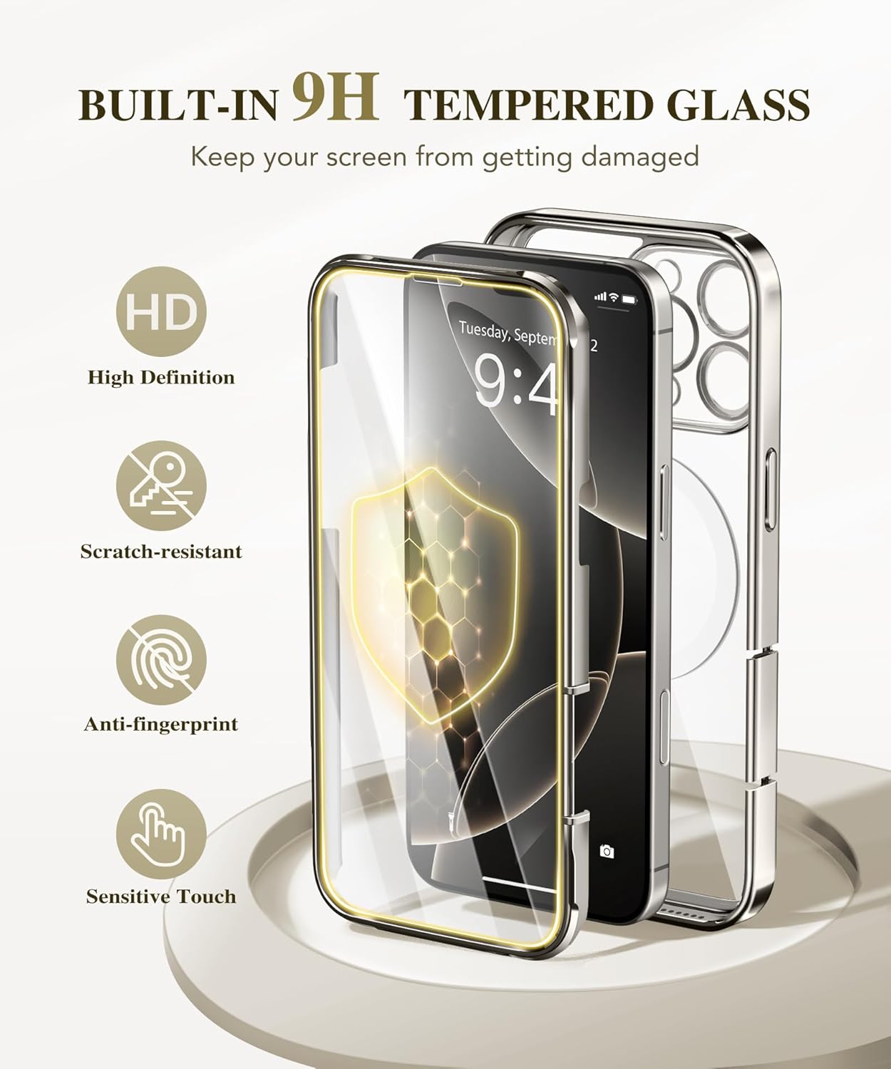 BERFY Magnetic for iPhone 16 Pro Case, Compatible with Magsafe, Built-in 9H Tempered Glass Screen Protector & Upgraded Camera Protection, Full-Body Plating Shockproof Phone Case for 16 Pro 6.3", Grey