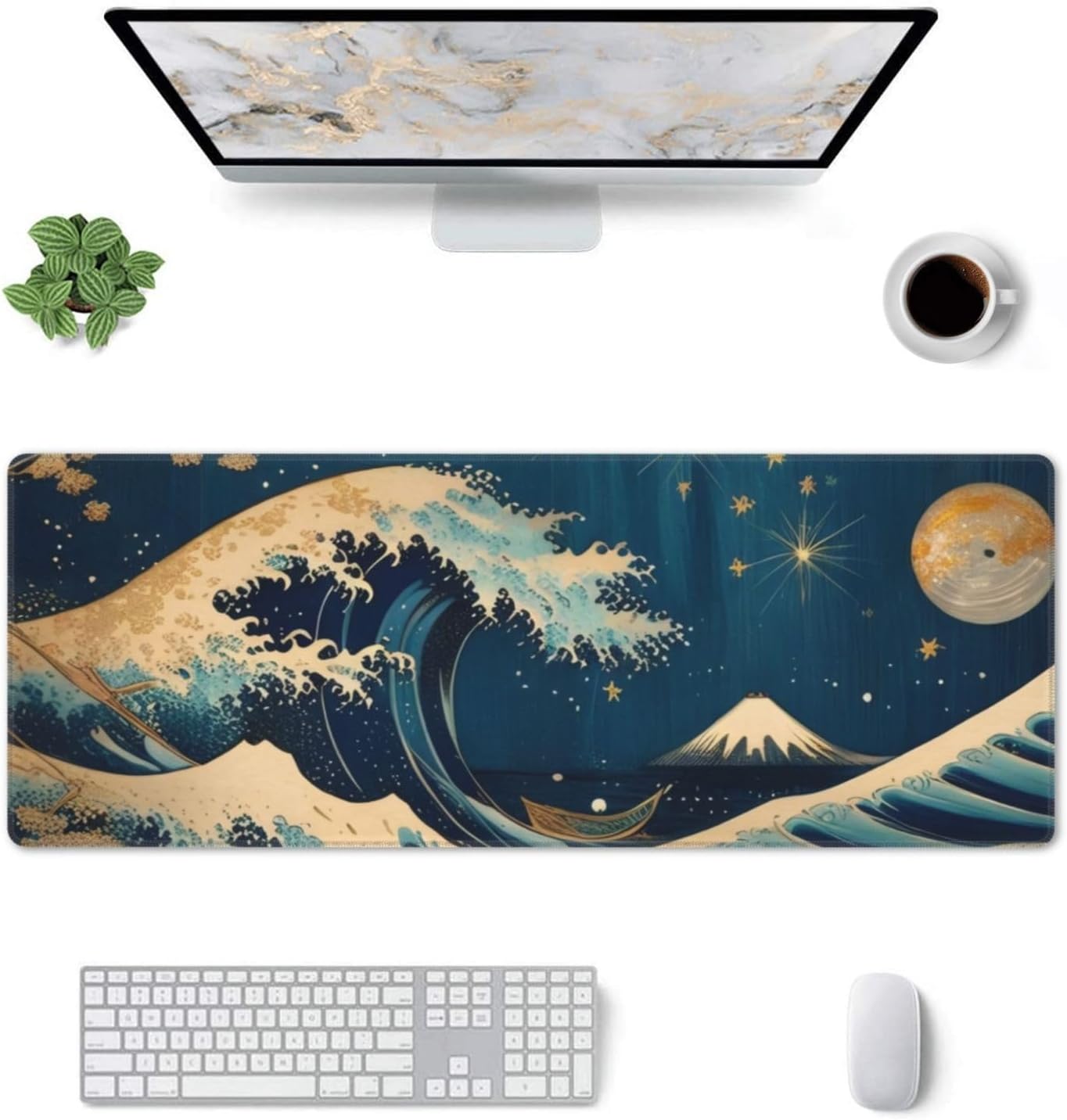Gaming Mouse Pad, Large Non-Slip Rubber Base Mousepad, Keyboard Mouse Mat, Desk Pad with Stitched Edges, 31.5x11.8inch, Wave Moon