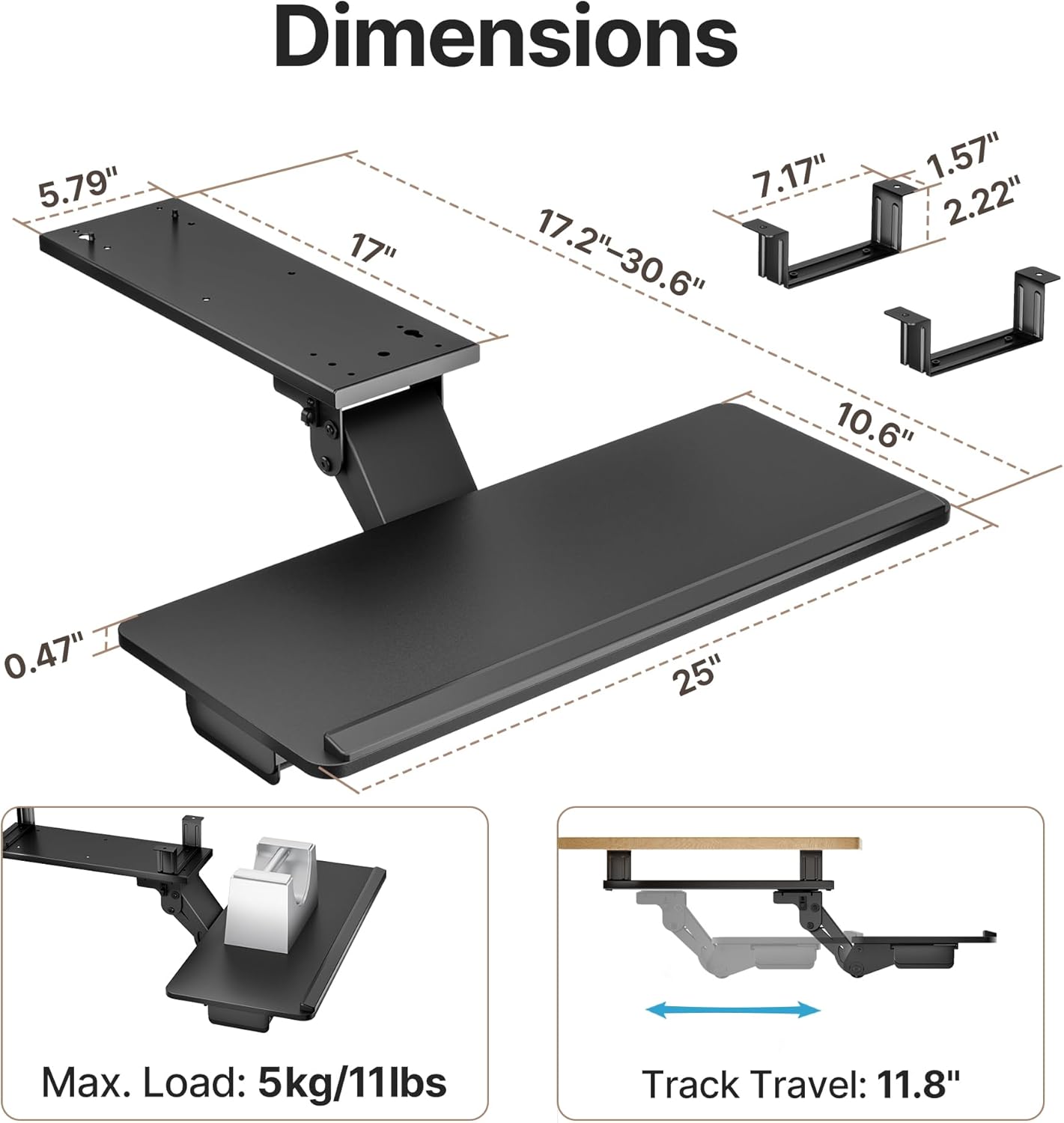 Keyboard Tray Under Desk with Storage Drawer, Height Adjustable Keyboard Tray Slide Out Swivel Tilt, Ergonomic Under Desk Mount Keyboard & Mouse Holder for Gaming Home Office, 25x11'', Black
