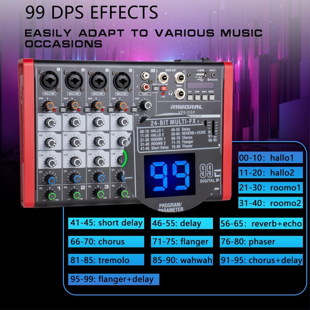 6 Channel Audio Interface DJ Mixer With 99 DSP Effects XLR 1/4 inch Jack USB Bluetooth Echo Delay Effect, Input 48V Phantom Power Stereo DJ Mixers for Recording, Live Streaming, Podcasting