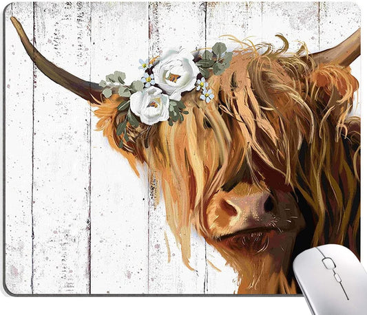 Floral Mouse Pad, Cute Flowers Mouse Pad, Square Mouse Mat Waterproof Mousepad Non-Slip Rubber Base Mouse Pads for Office Laptop Women, Cow