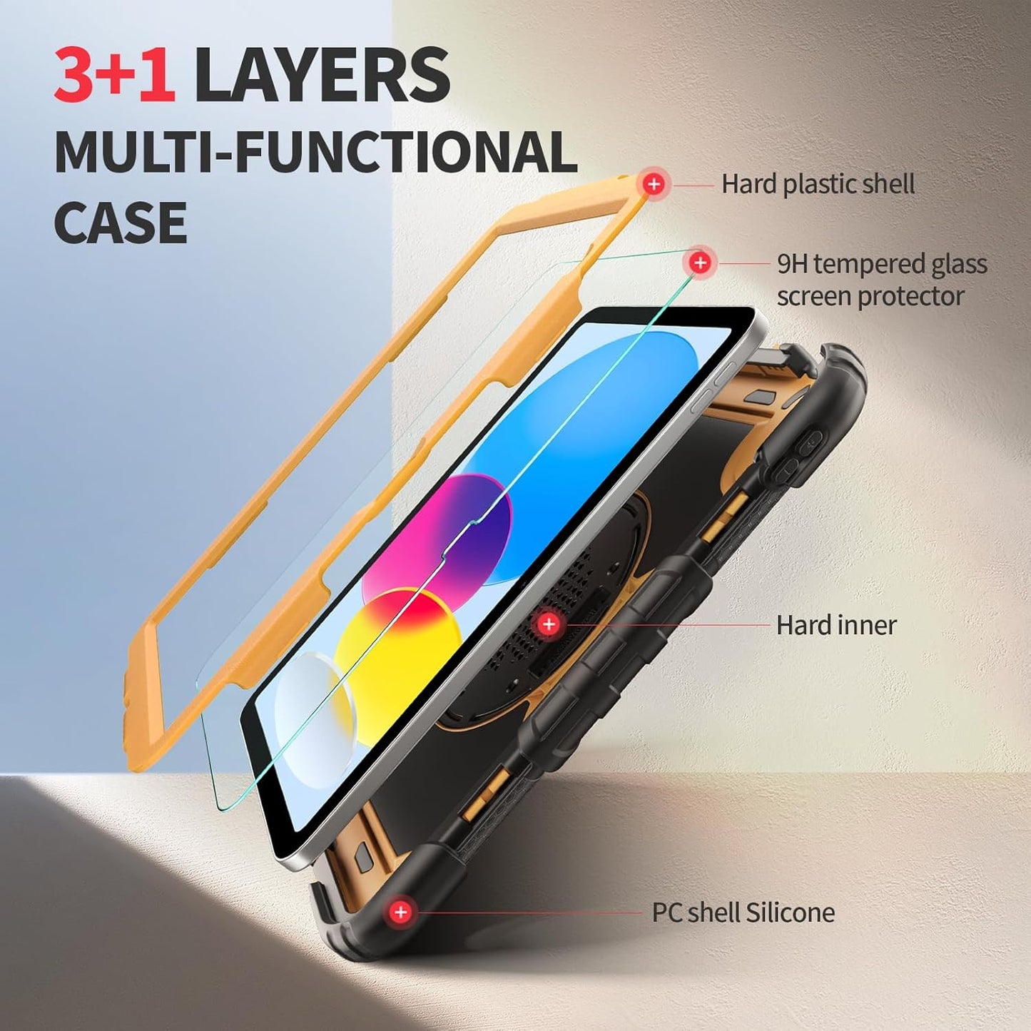 Ambison Case for iPad A16 11th/10th Generation 11"/10.9'' 2025/2022,Heavy Duty Shockproof Case with Tempered Glass Screen Protector, 360° Rotating Handle Strap&Stand,Shoulder Strap-Yellow